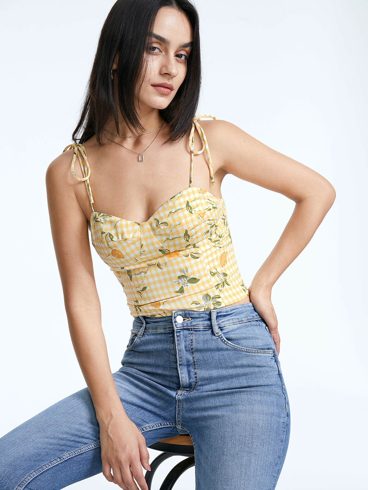 Thecomense - Cropped Lemon Gingham Sweetheart Tie Strap Tank Top