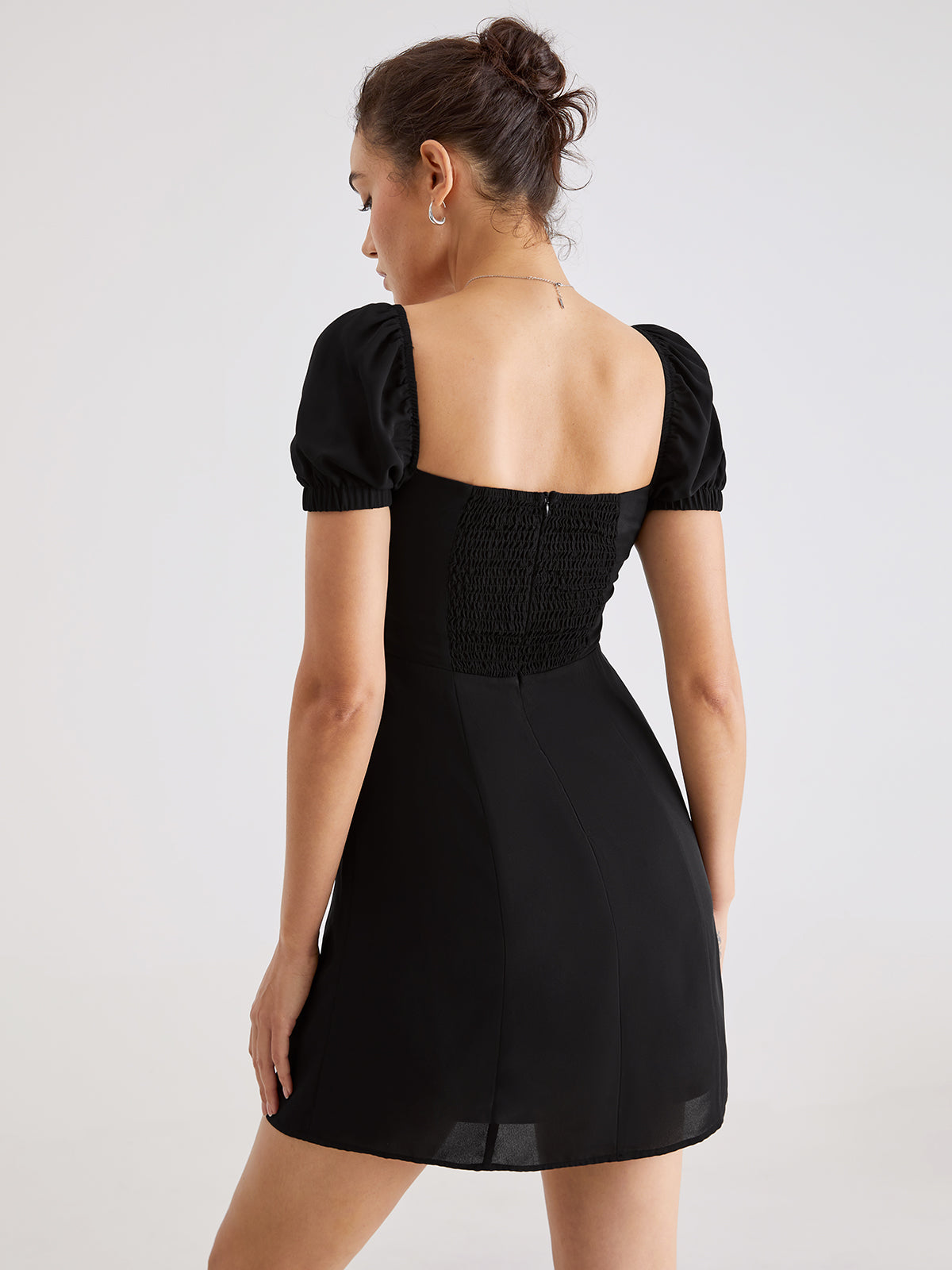 Thecomense - Short Puff Sleeve Dress With Mesh Overlay
