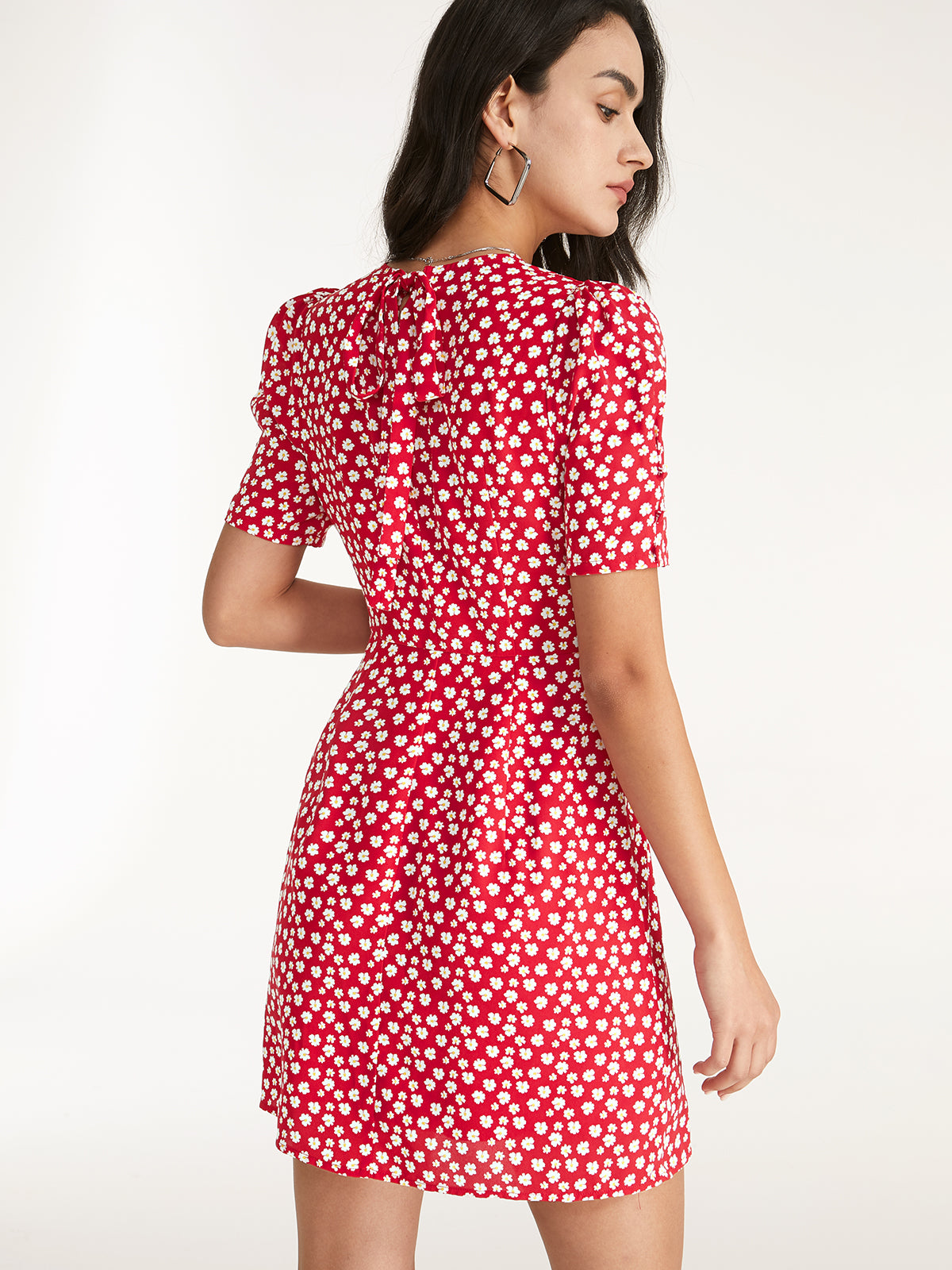 Thecomense - Straight Neck Short Puff Sleeve A Line Mini Dress