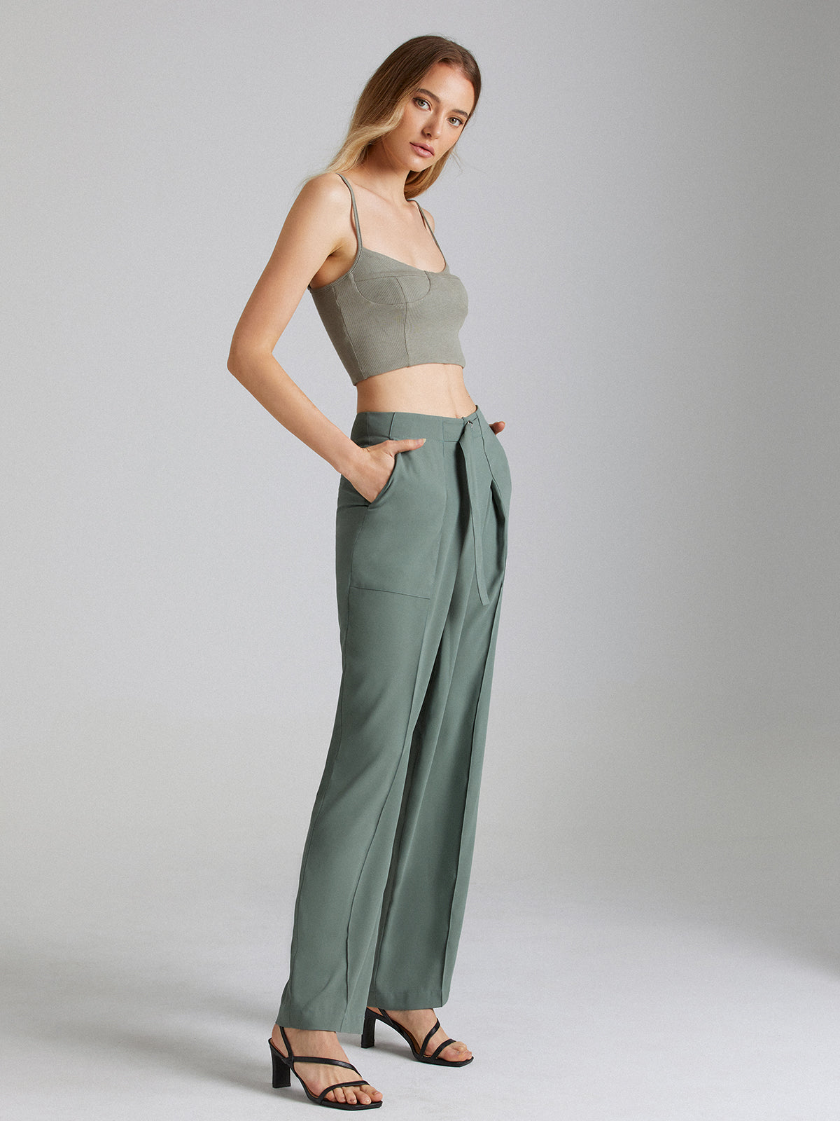 Thecomense - Belted Seam Detail Straight Leg Trousers