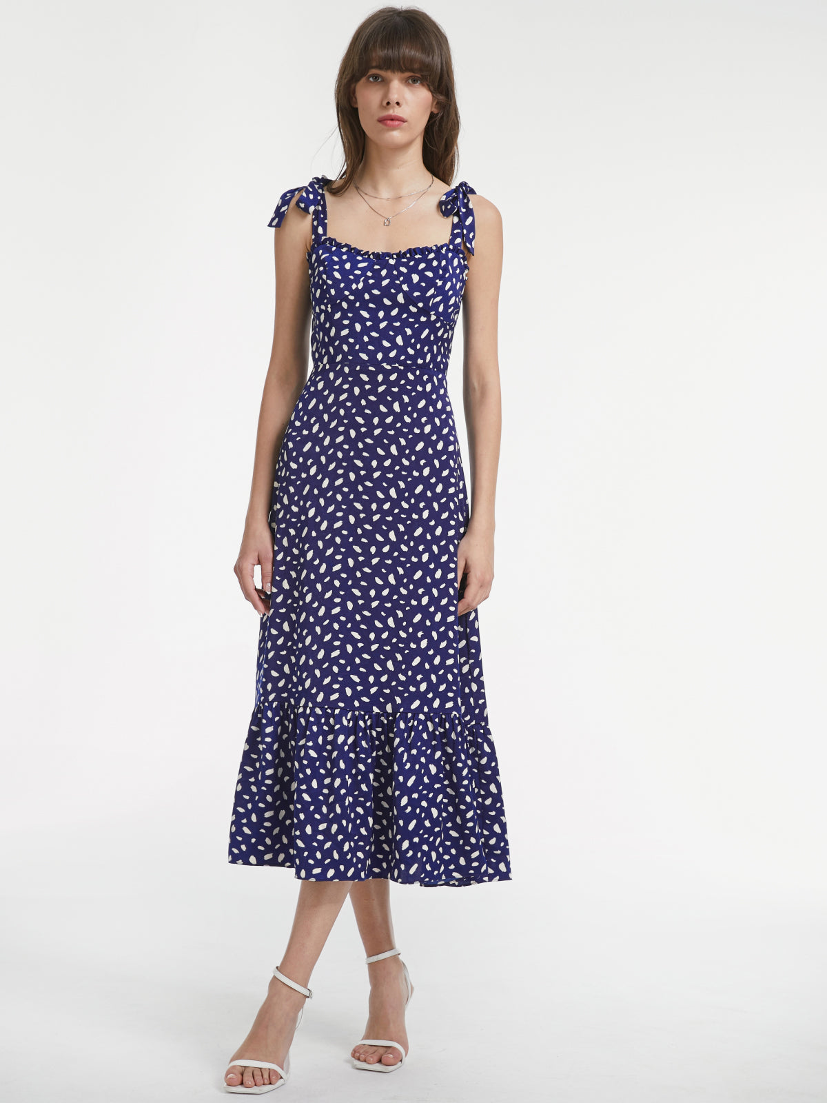 Thecomense - Petals Print Ruffle Hem Strap Midi Dress