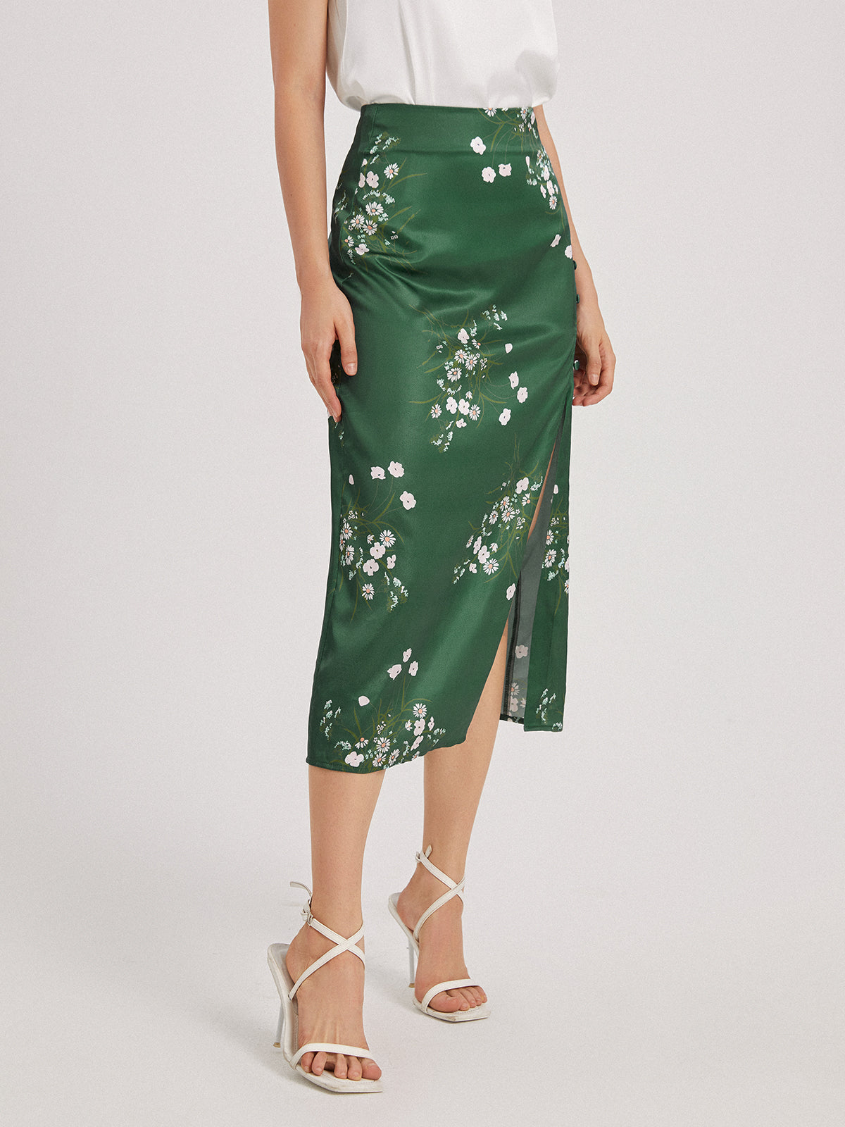 Thecomense - Floral Forest Emerald Green Satin Slit Skirt