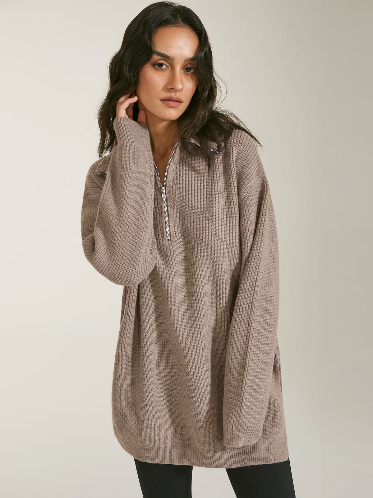 Thecomense - Oversized Quarter Zip Ribbed Sweater