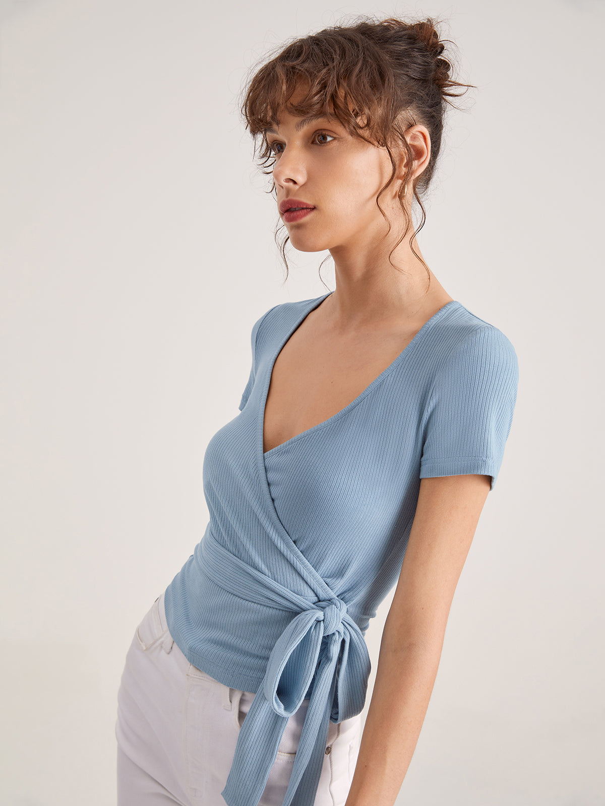Thecomense - Basic Tie Ribbed Short Sleeve Top