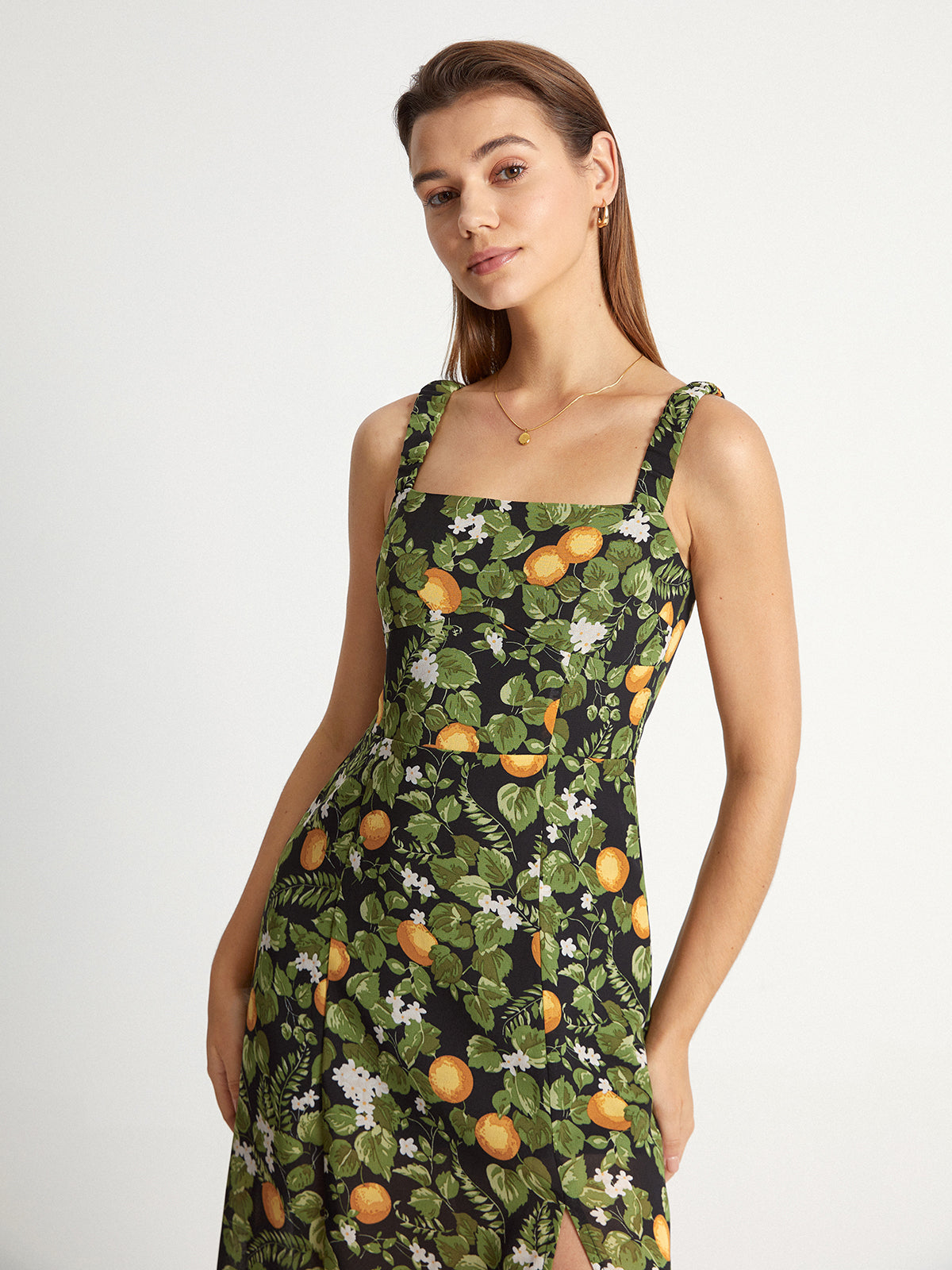 Thecomense - Square Neck Island Orange Midi Strap Dress