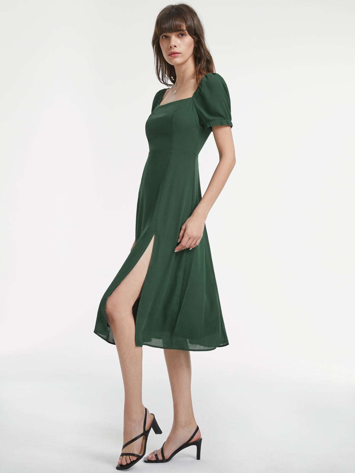 Thecomense - Gathered Dreams Emerald Green Slit Midi Dress