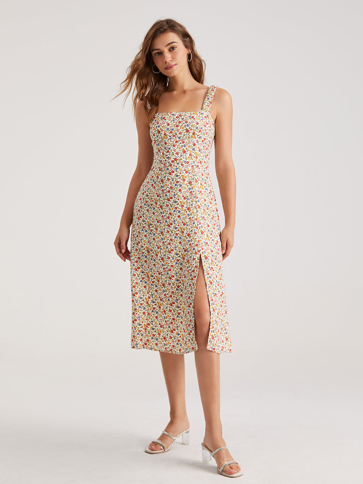Thecomense - Sweetheart Light Floral Slit Midi Dress