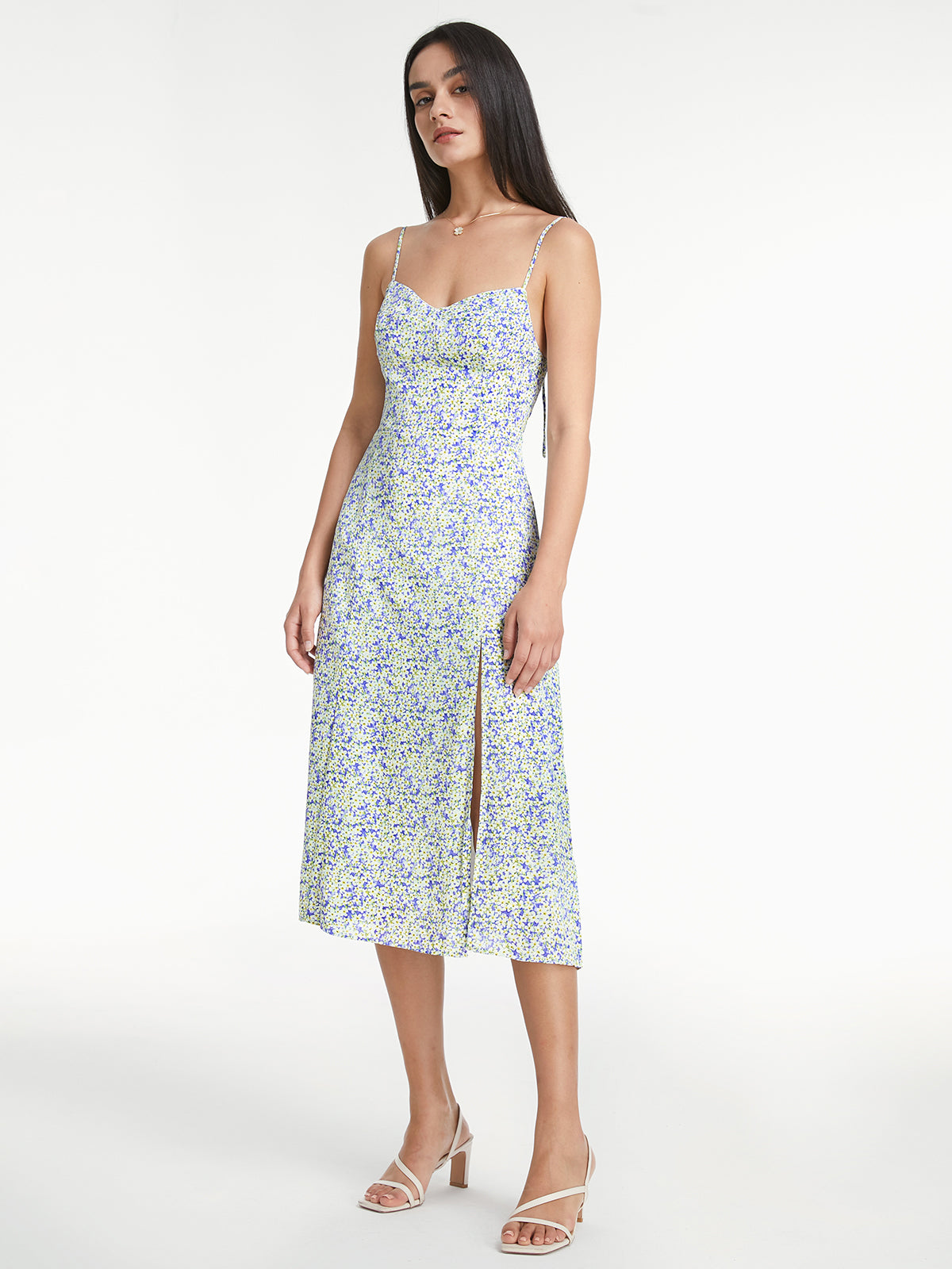 Thecomense - Sweetheart Light Floral Strap Slit Midi Dress