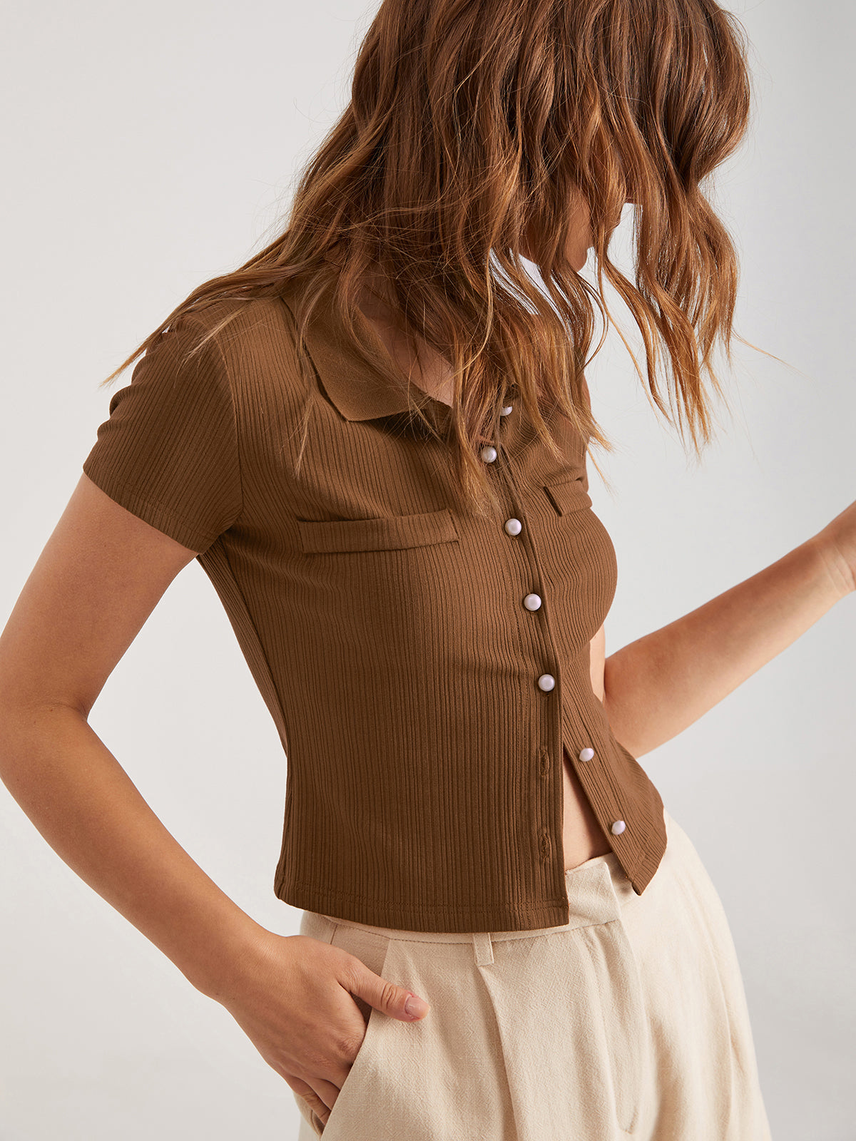 Thecomense - Collared Rib Button Up Short Sleeve Top