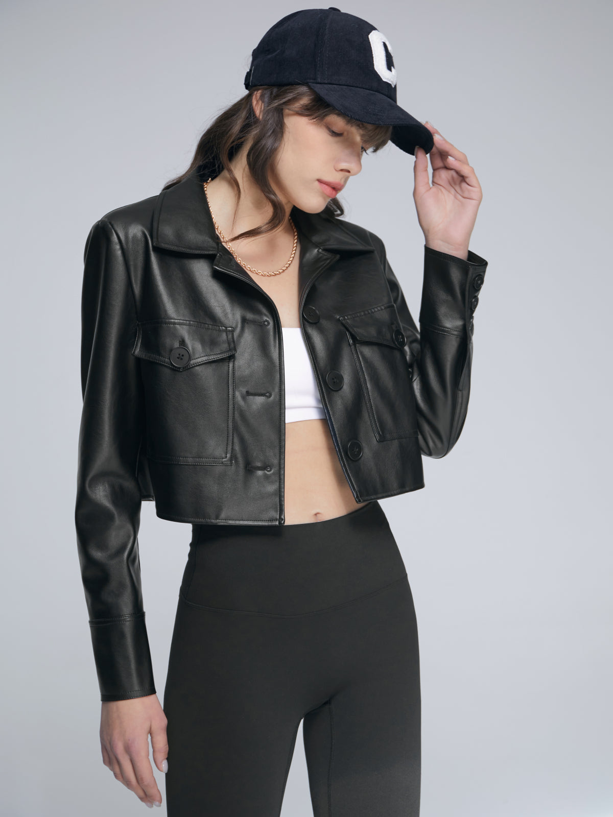 Thecomense - Cropped Double Front Pocket Leather Jacket