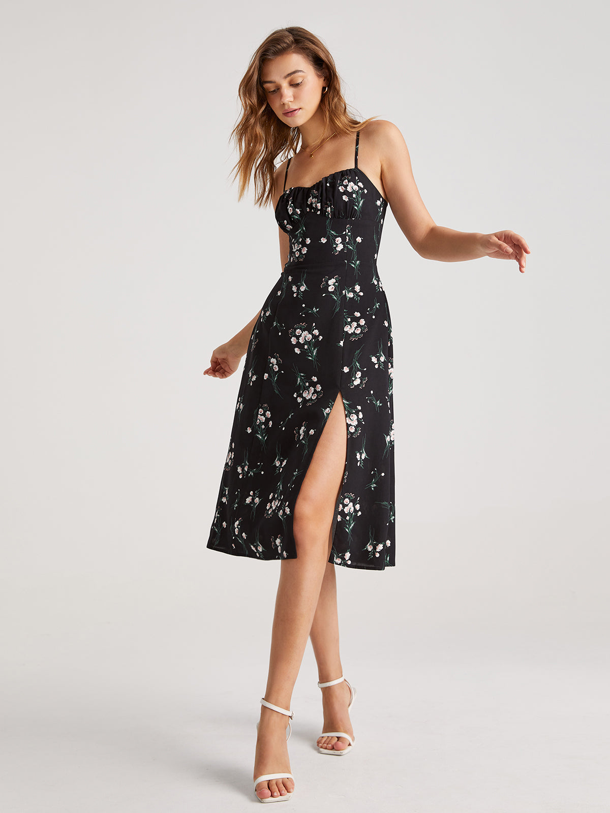 Thecomense - Sweet Pattern Floral Contour Strap Slit Midi Dress