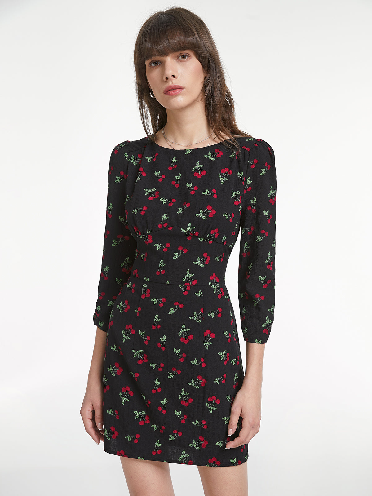 Thecomense - Long Sleeve Round Neck Very Cherry Mini Dress