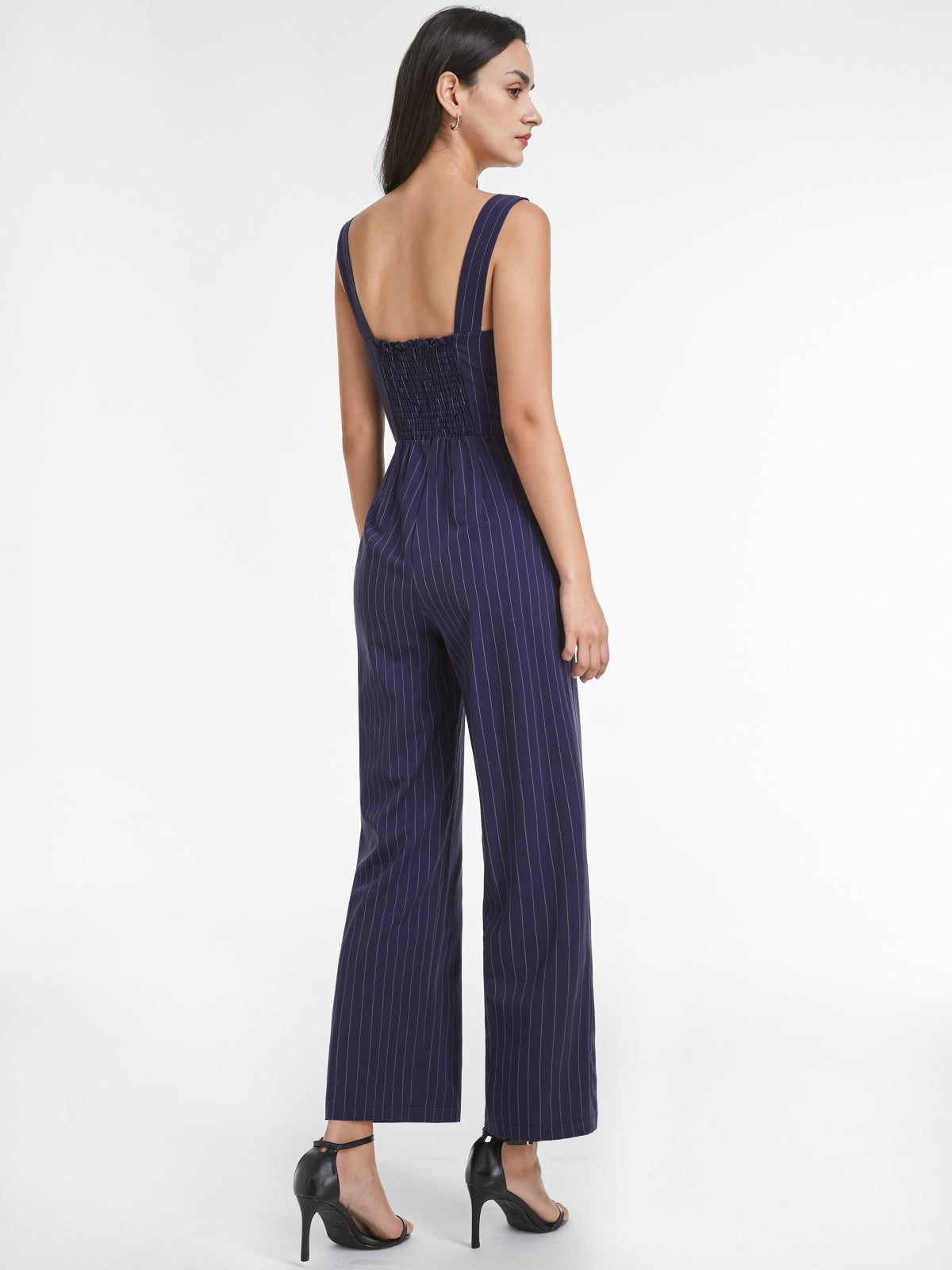 Thecomense - Square Neck Pinstripe Sleeveless Wide Leg Jumpsuit