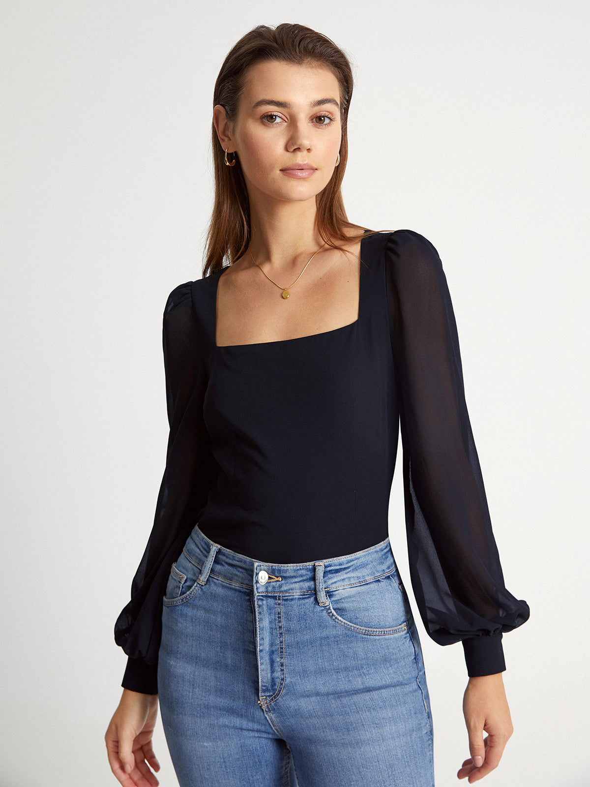 Thecomense - Mesh Puff Sleeve Square Neck Top
