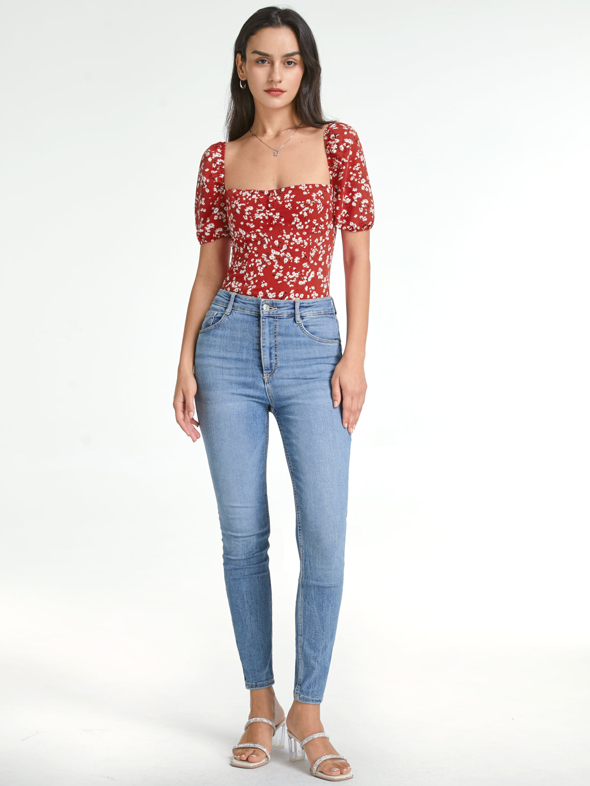 Thecomense - Square Neck Floral Love Short Sleeve Top