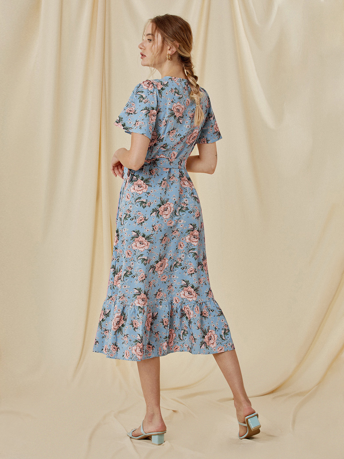 Thecomense - Sweetheart Floral Wrap Slit Dress