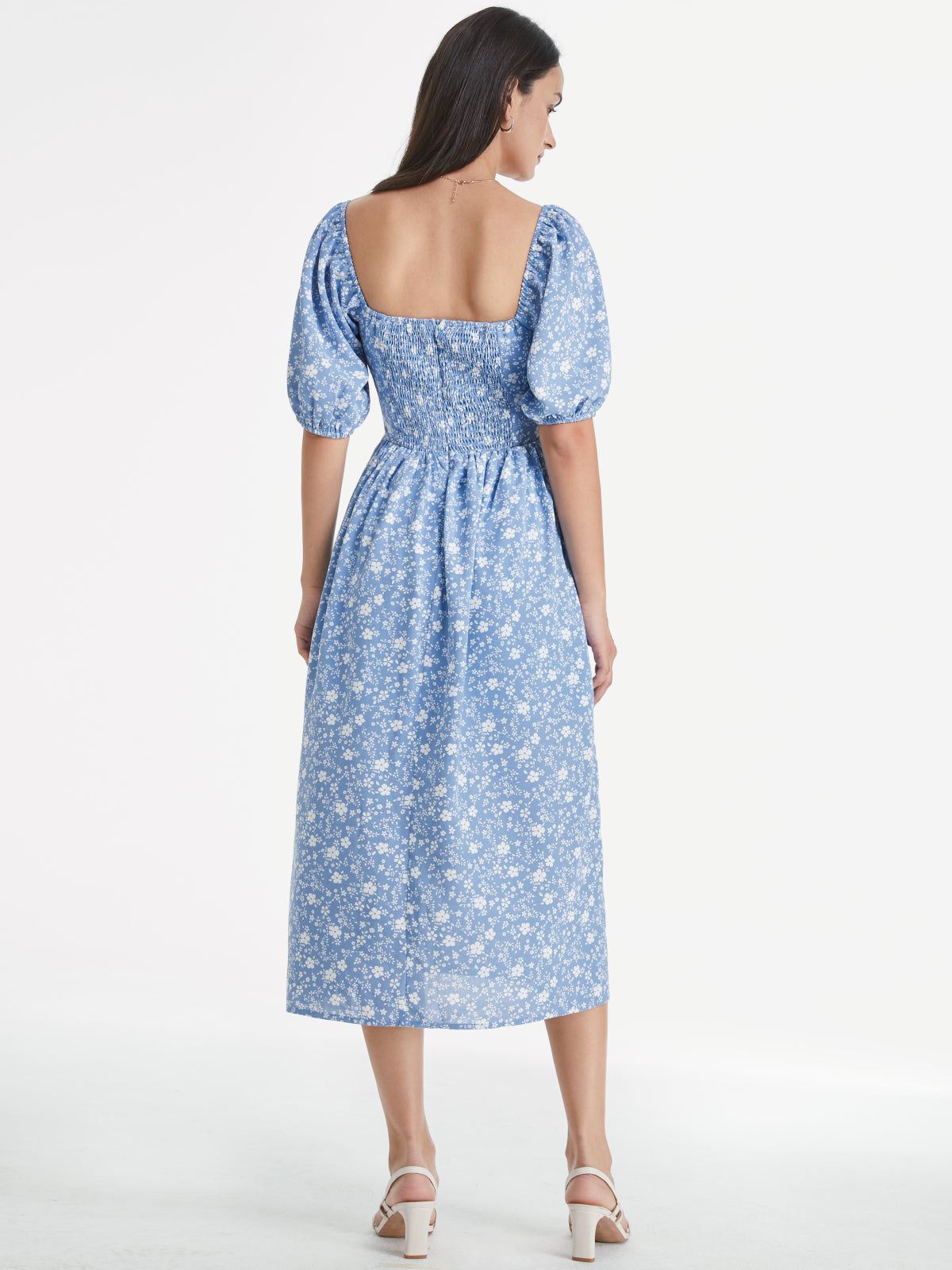 Thecomense - Square Neck Short Puff Sleeve Floral Cloud Midi A Line Dress