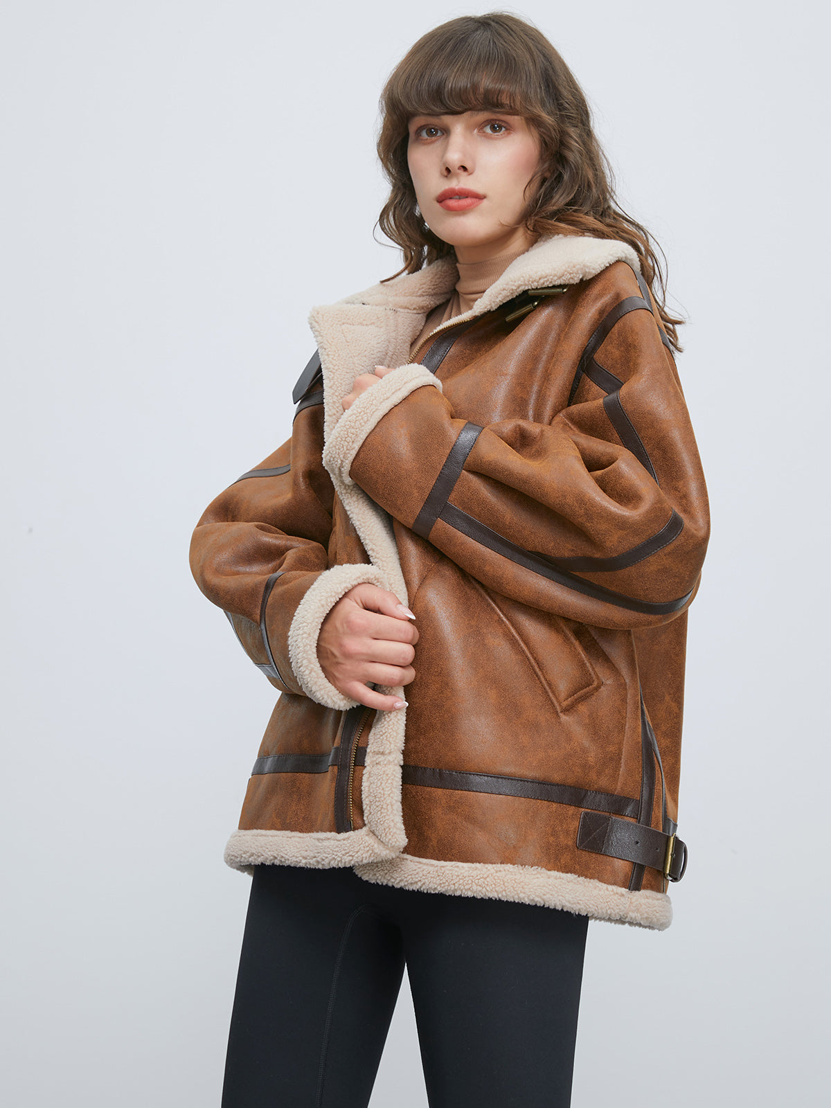 Thecomense - Sherpa Lined Suede Shearling Flight Jacket