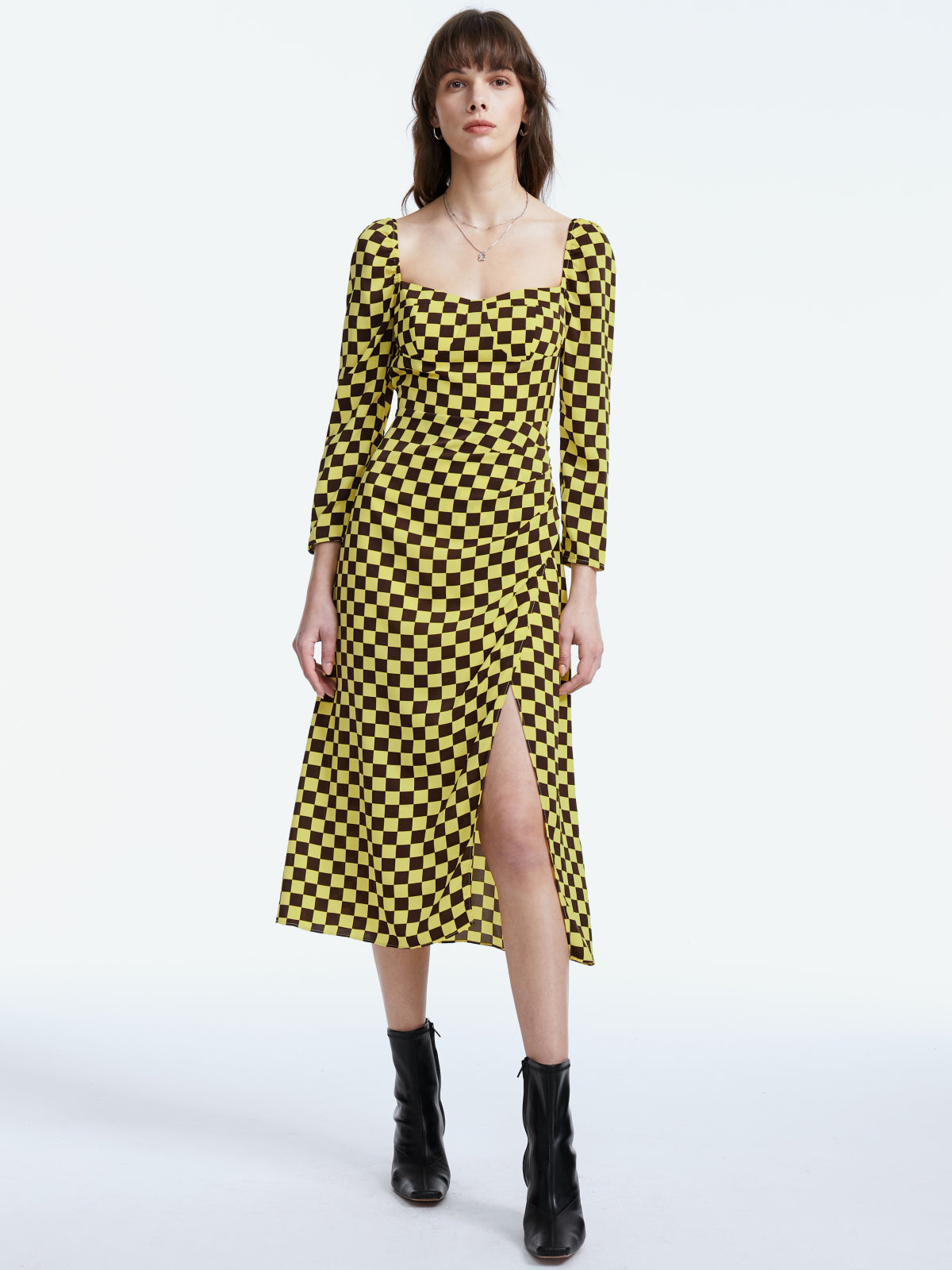 Thecomense - Square Neck Long Sleeve Racer Checkered Midi Slit Dress