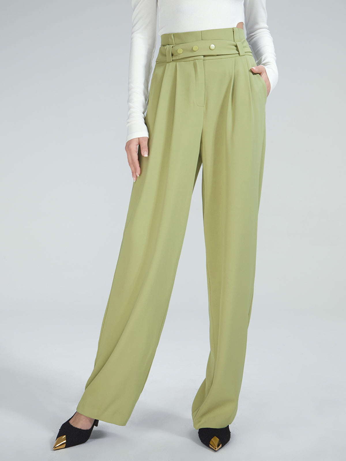 Thecomense - High Waisted Belted Pleat Front Trousers