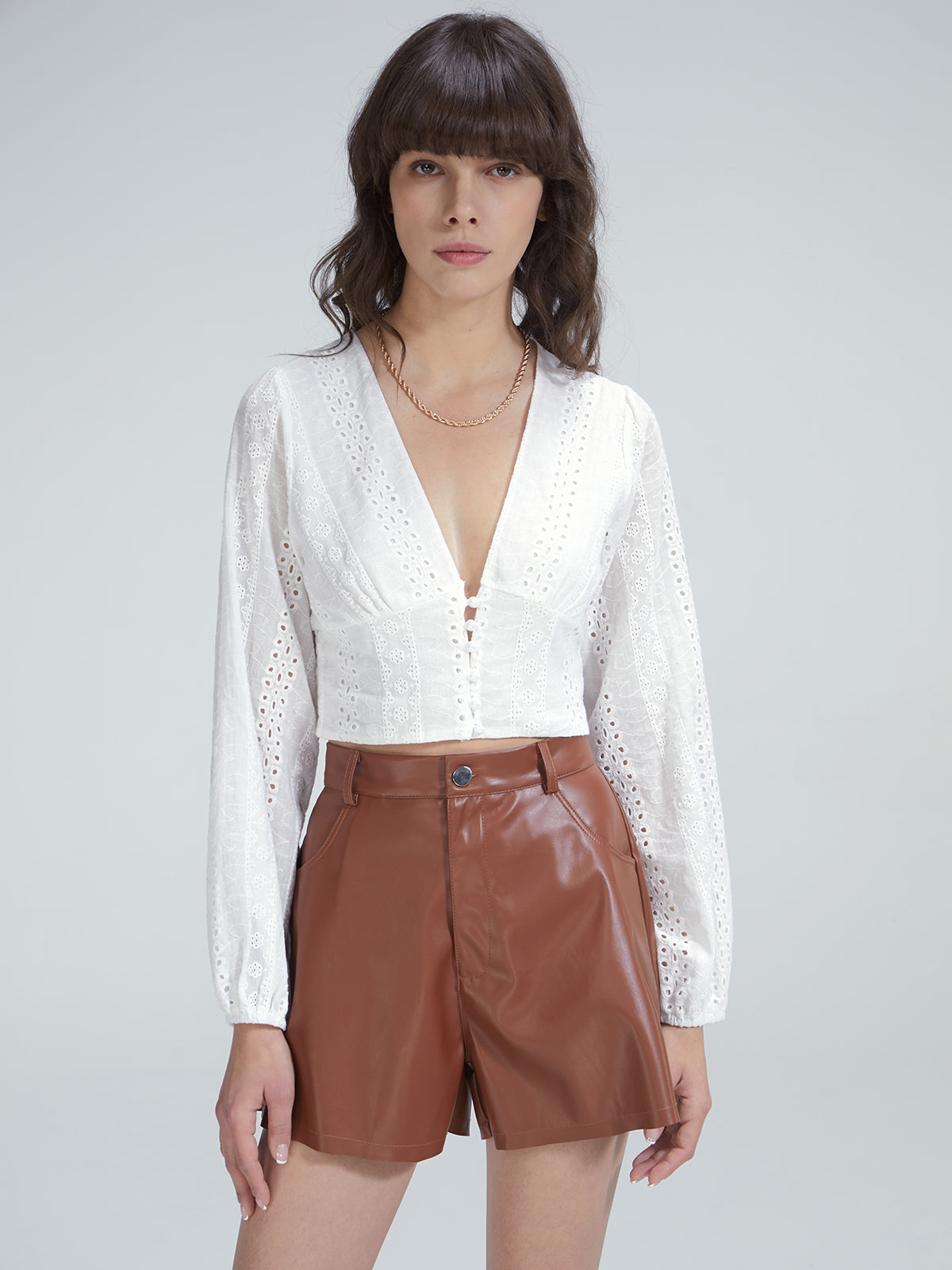 Thecomense - Cropped V-Neck Pattern Woven Top