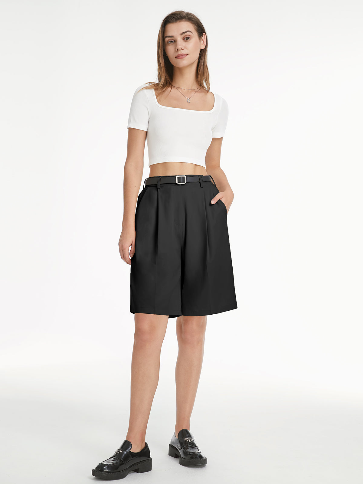 Thecomense - High Waisted Long Trouser Shorts
