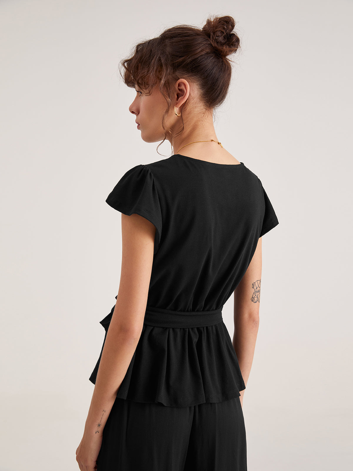 Thecomense - Cap Sleeve Plain Button V Neck Top