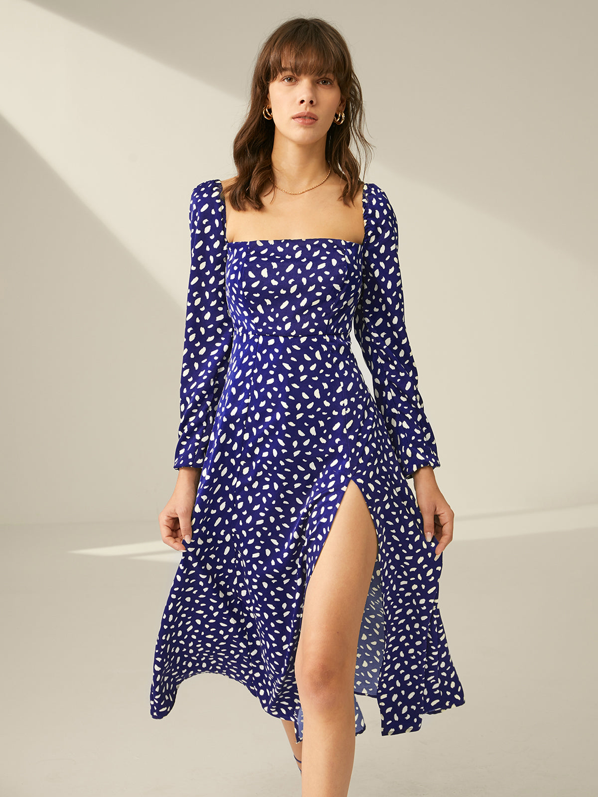 Thecomense - Square Neck Long Sleeve Patterned Slit Dress