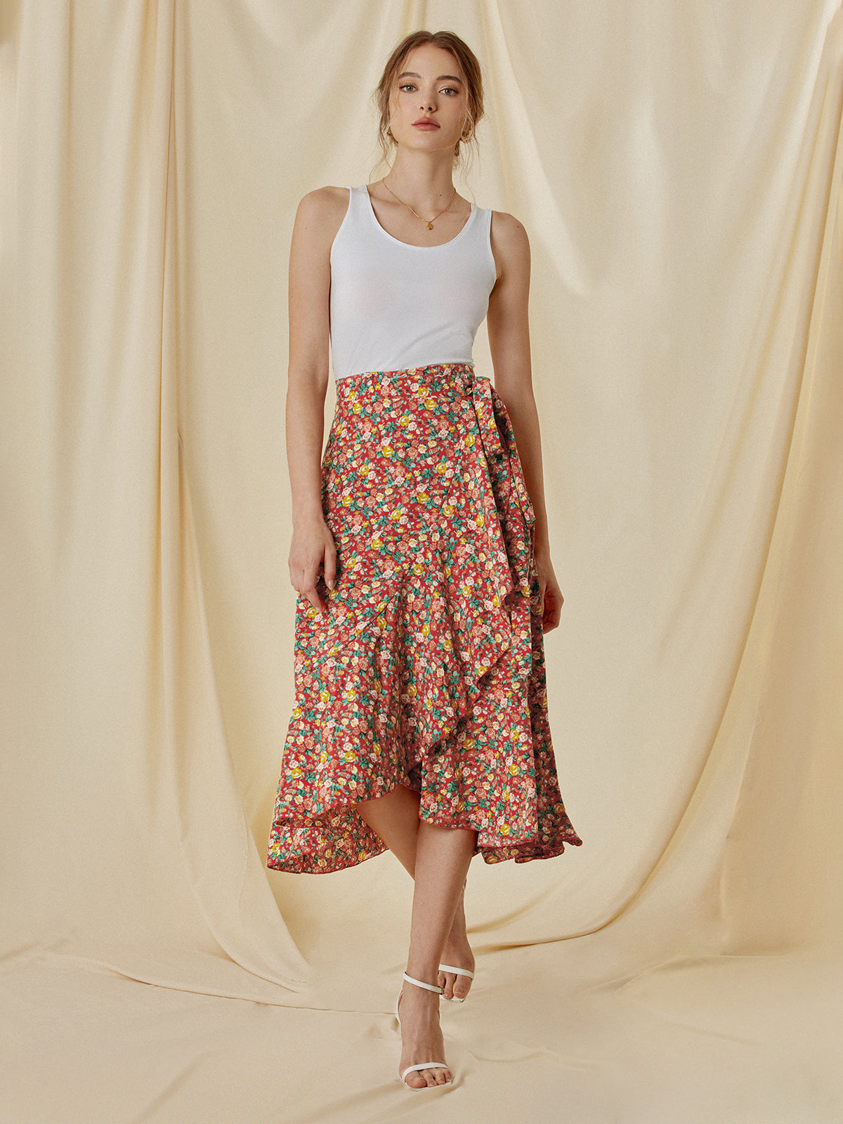 Thecomense - High Waisted Floral Ruffle Midi Skirt