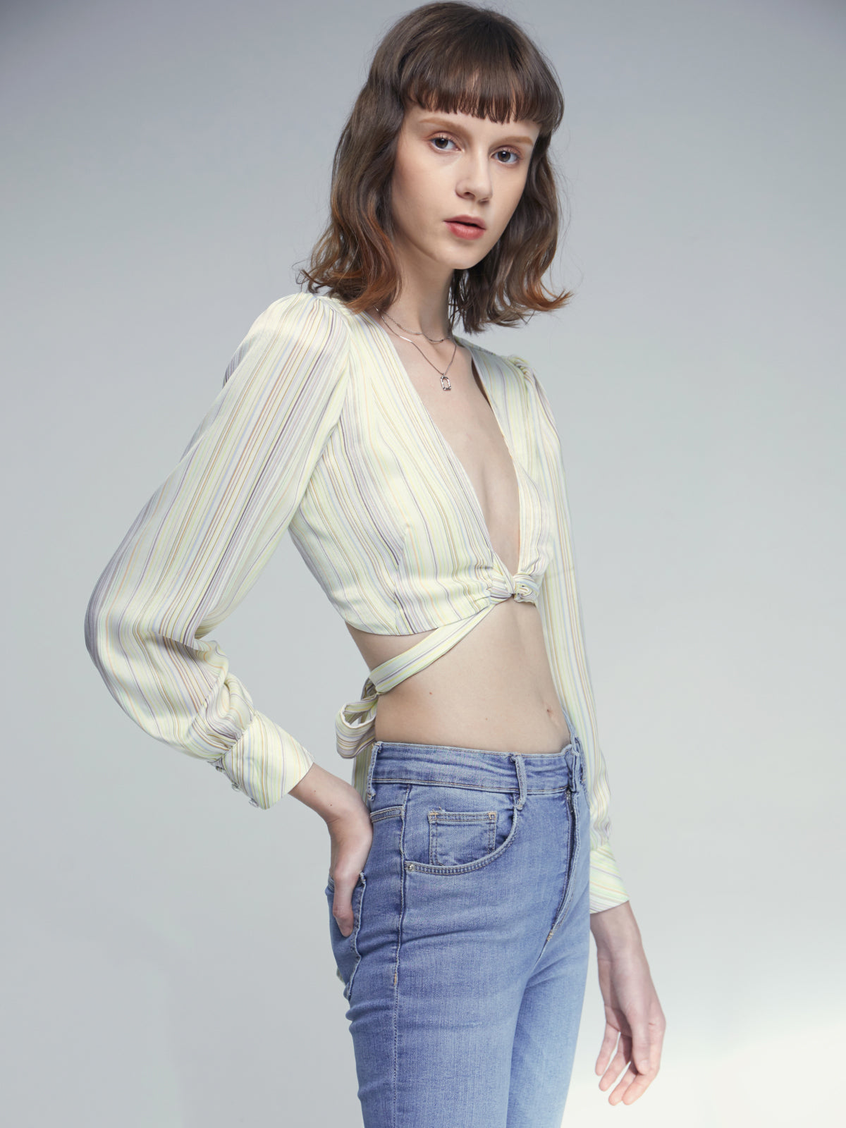 Thecomense - Twist Front Pointelle Design Long Sleeve Cropped Top