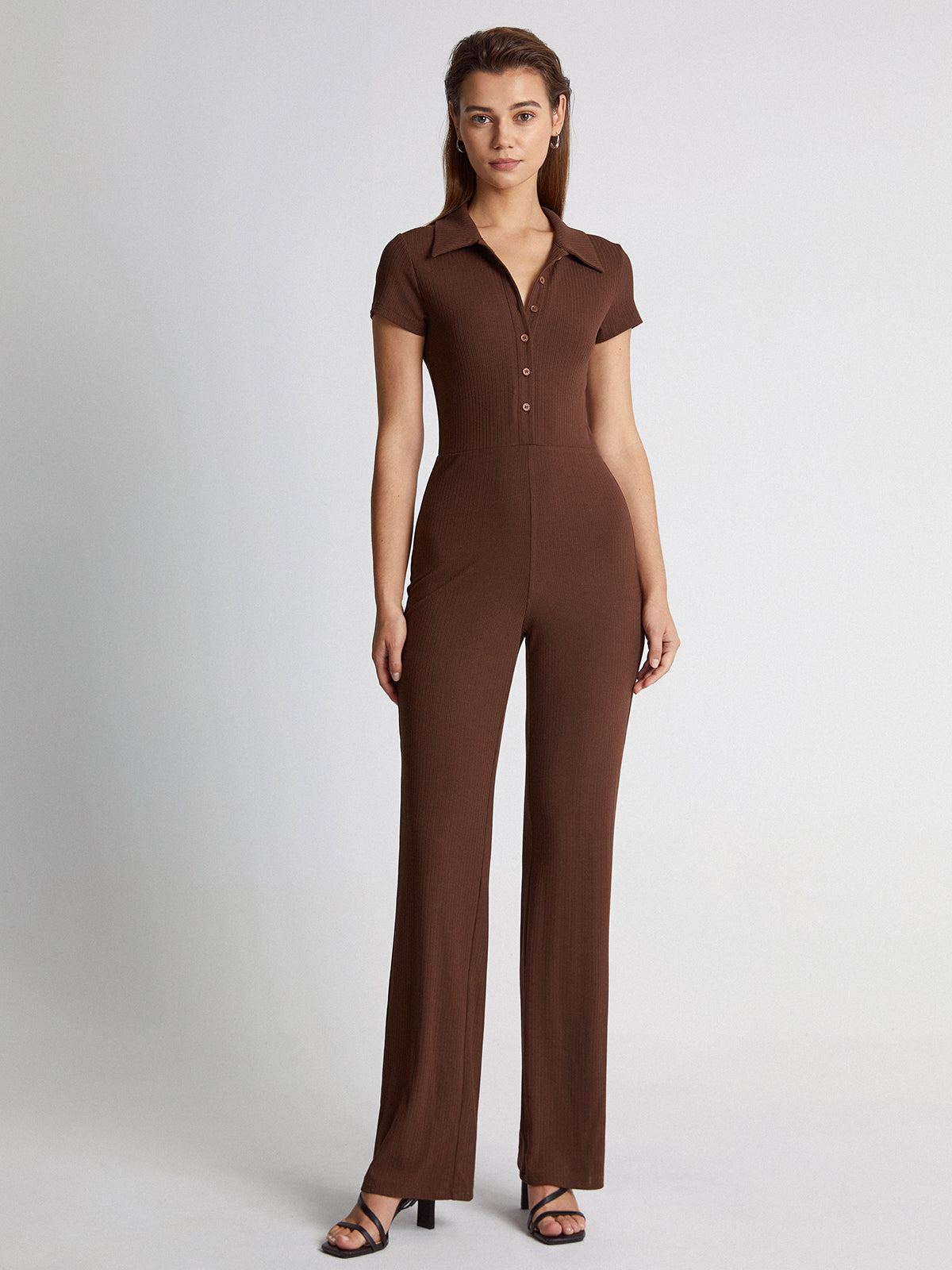 Thecomense - Short Sleeve Ribbed Button Front Collared Straight Leg Jumpsuit