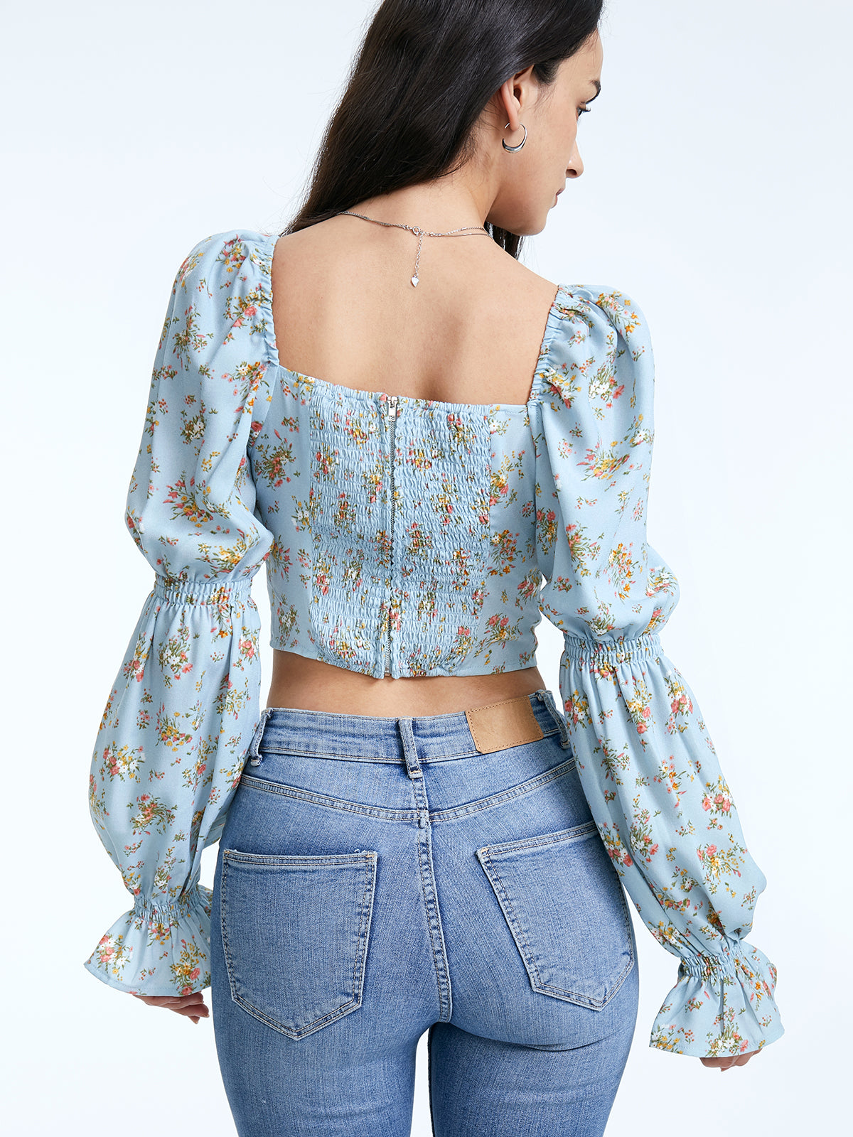Thecomense - Square Ruche Neck Tie Front Long Puff Sleeve Cropped Floral Top