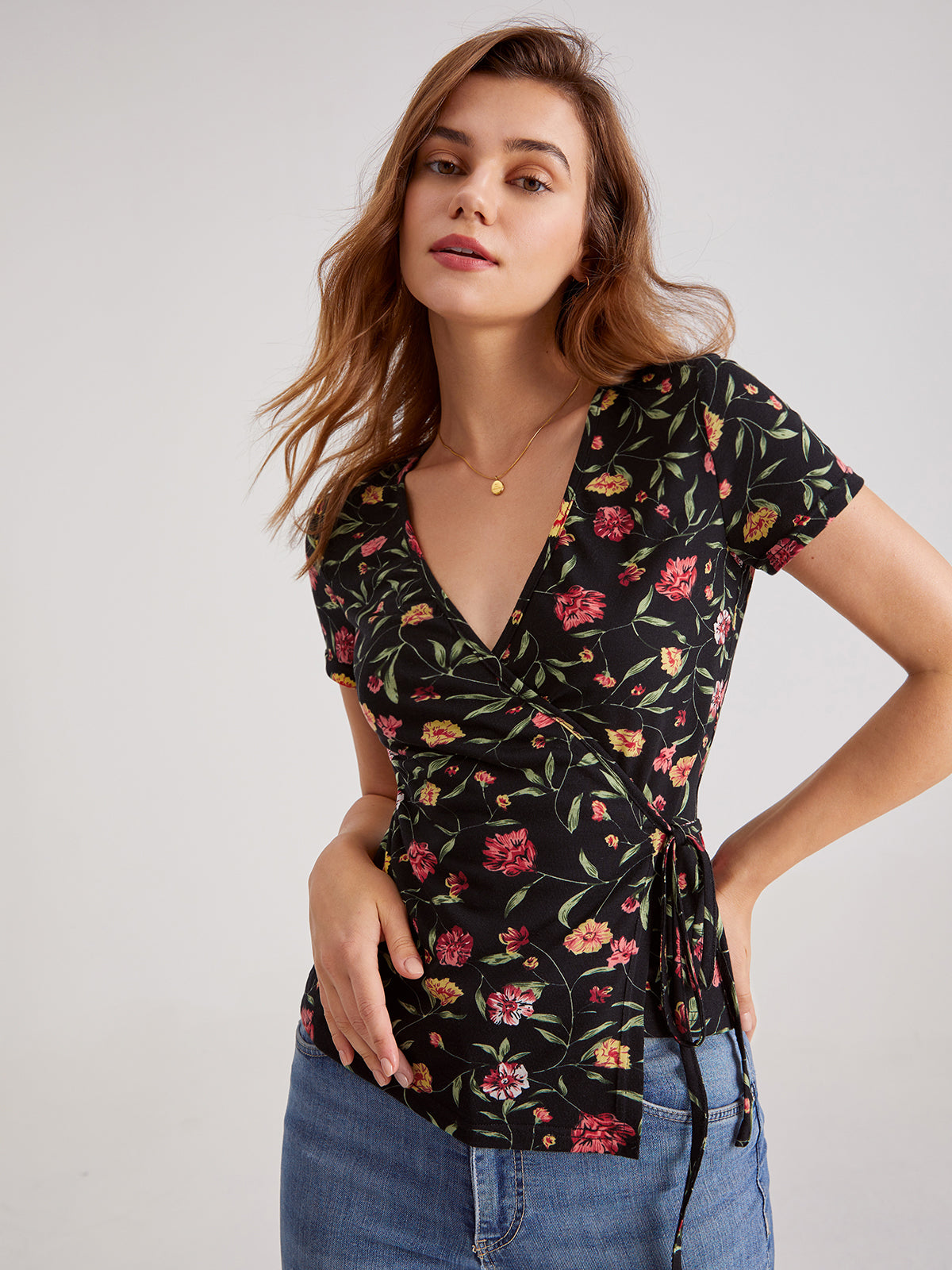 Thecomense - V-Neck Floral Wrap Tie Top