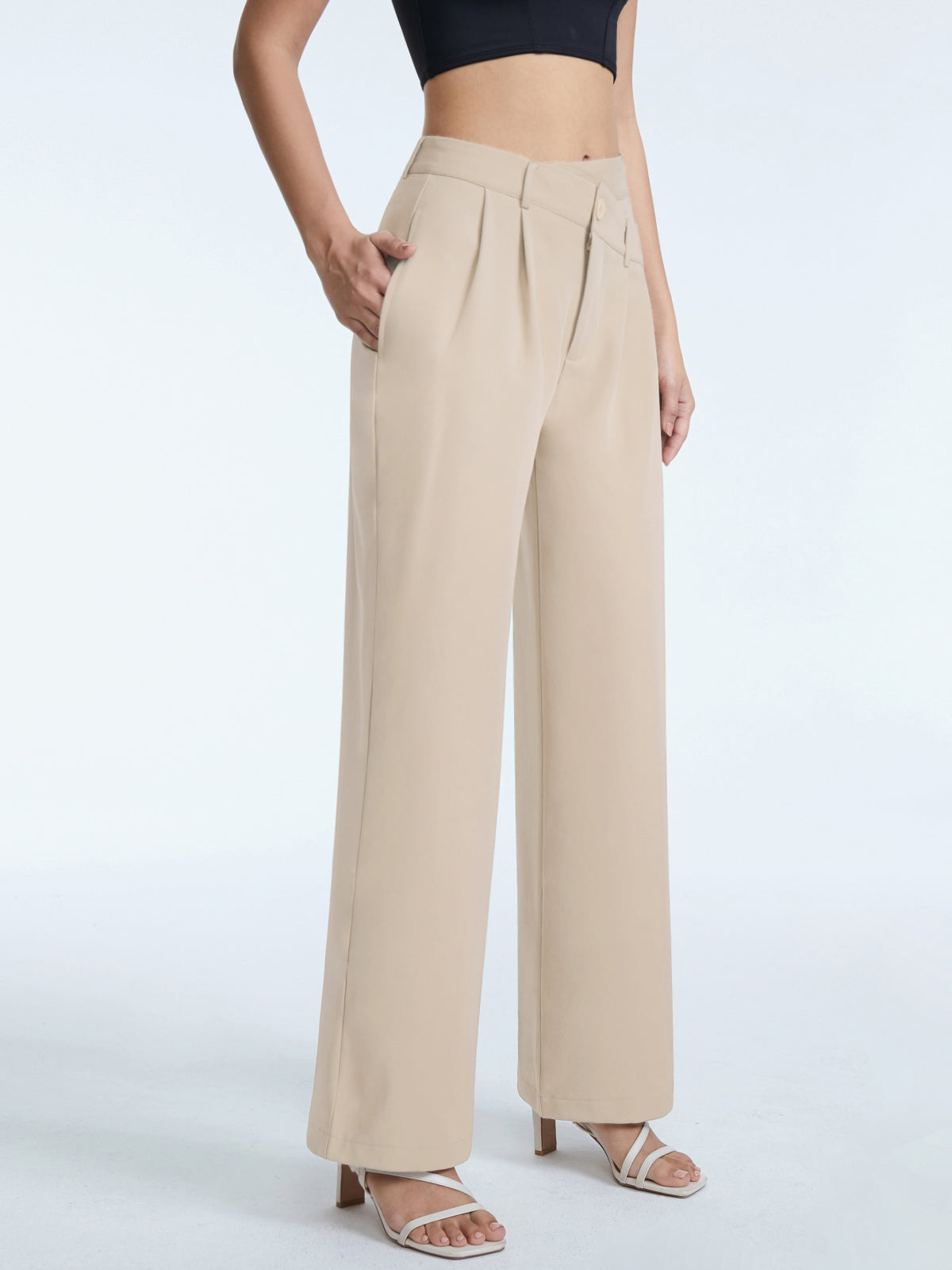 Thecomense - High Waisted Asymmetrical Pleat Front Wide Leg Trousers