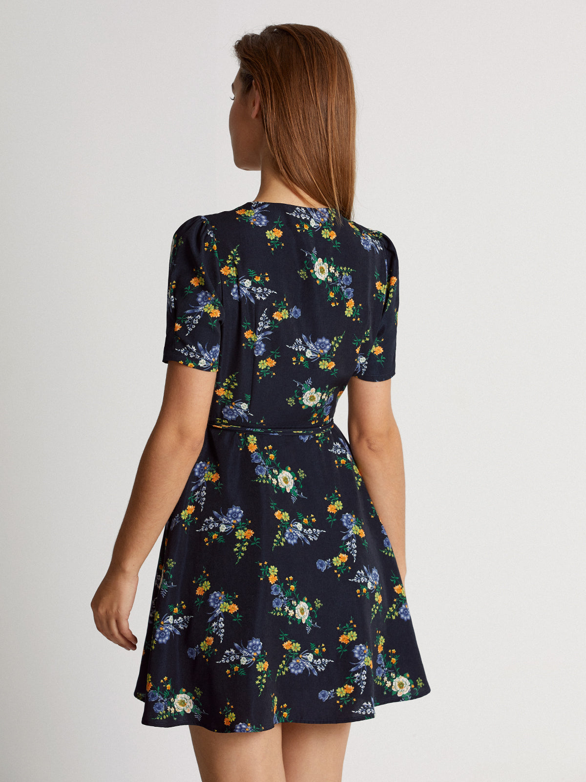Thecomense - Dark Floral Bloom Short Sleeve V-Neck Mini Wrap Dress