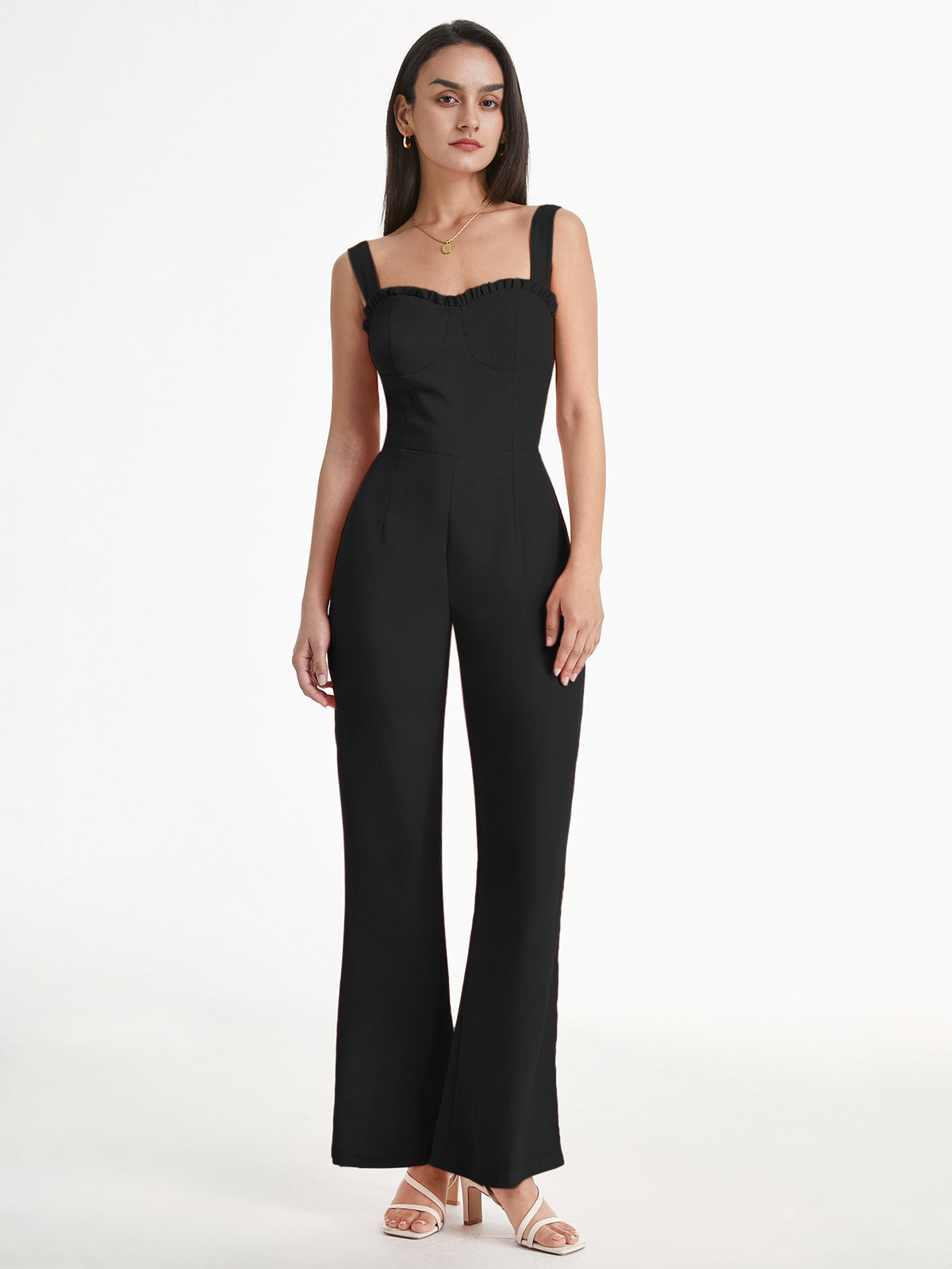 Thecomense - Sweetheart Ruffle Wide Tie Strap Flare Leg Jumpsuit