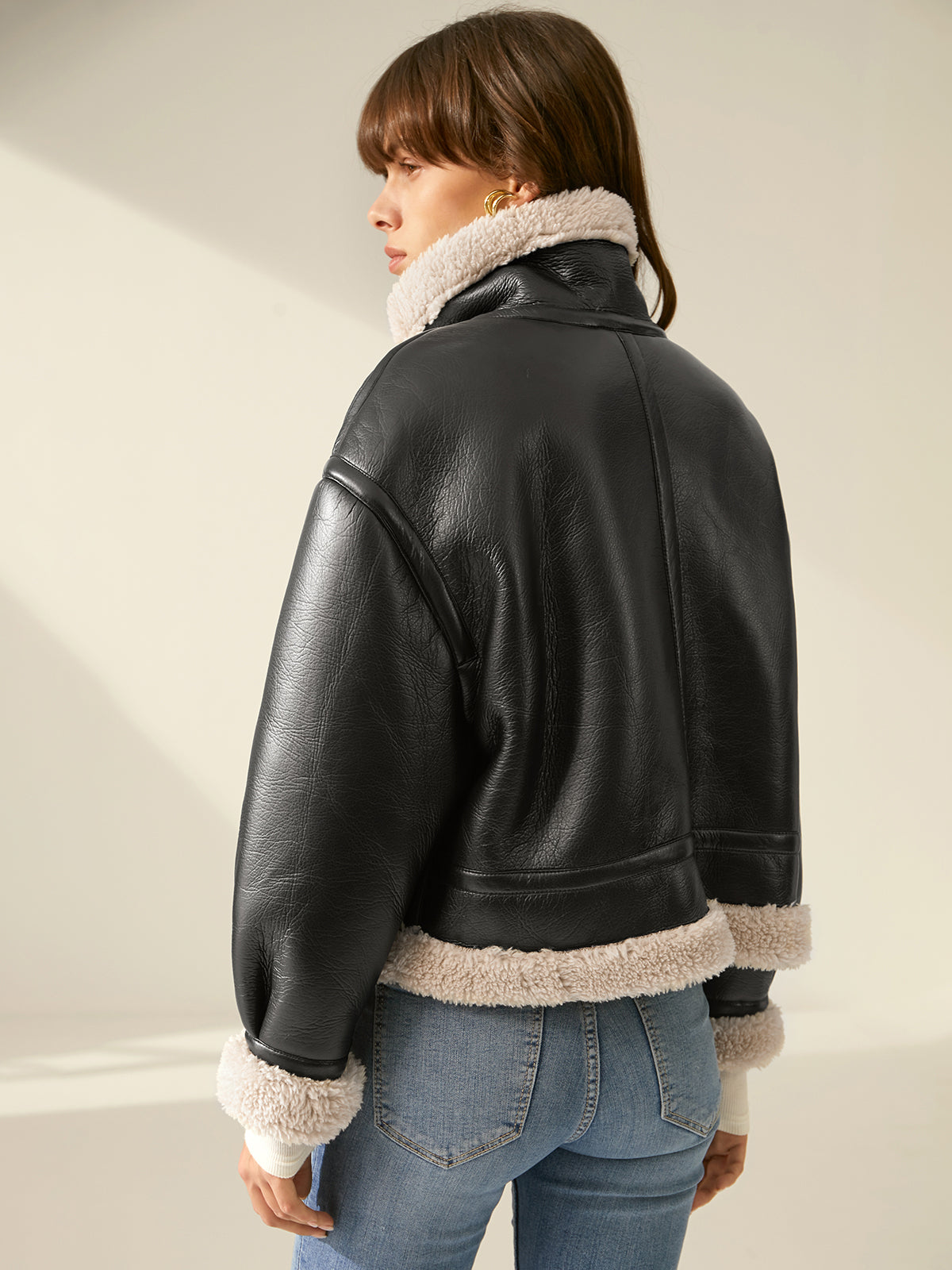 Thecomense - Sherpa Lined Shearling Leather Flight Jacket