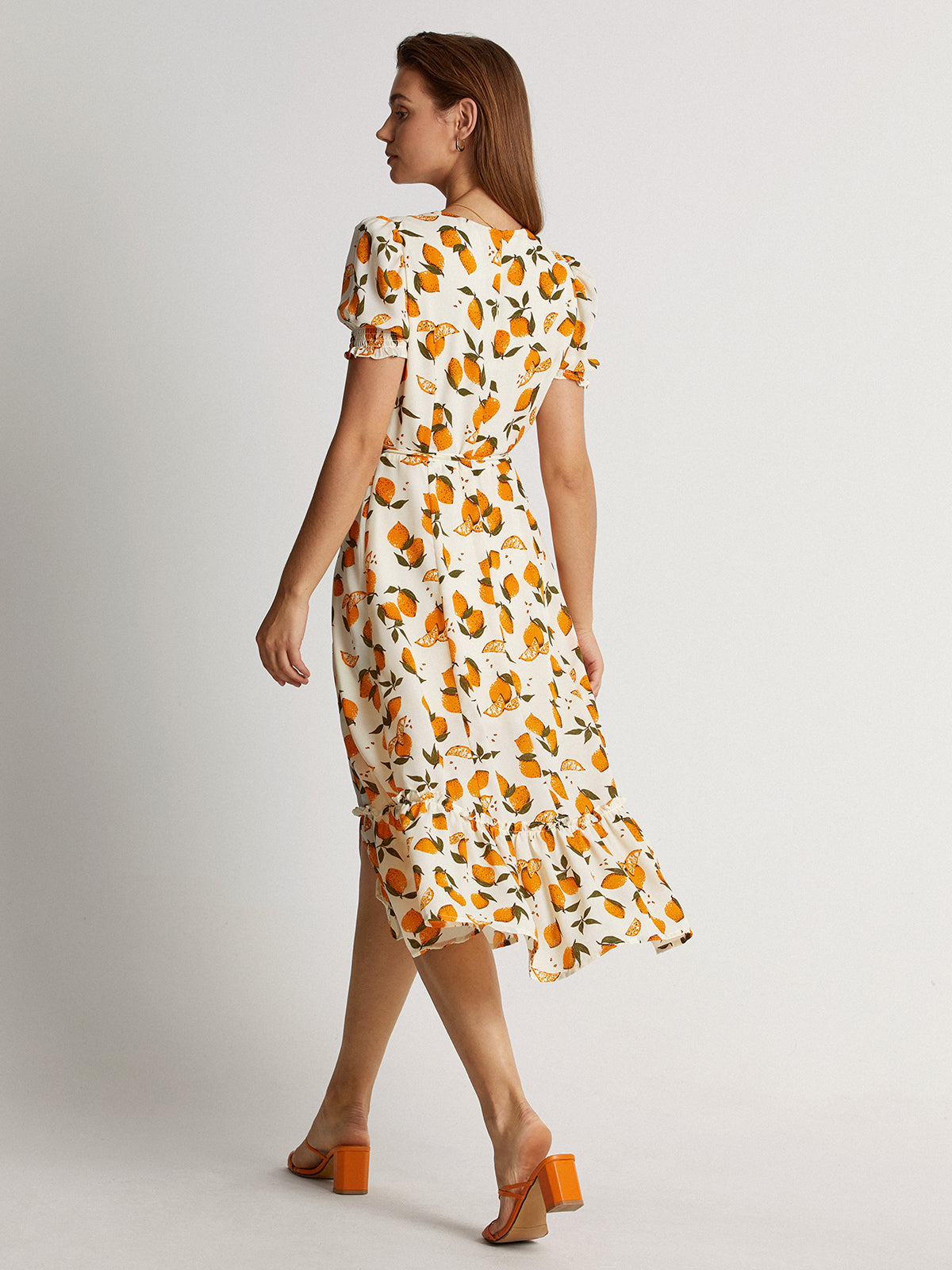 Thecomense - Short Puff Sleeve Orange V-Neck Midi Ruffle Dress
