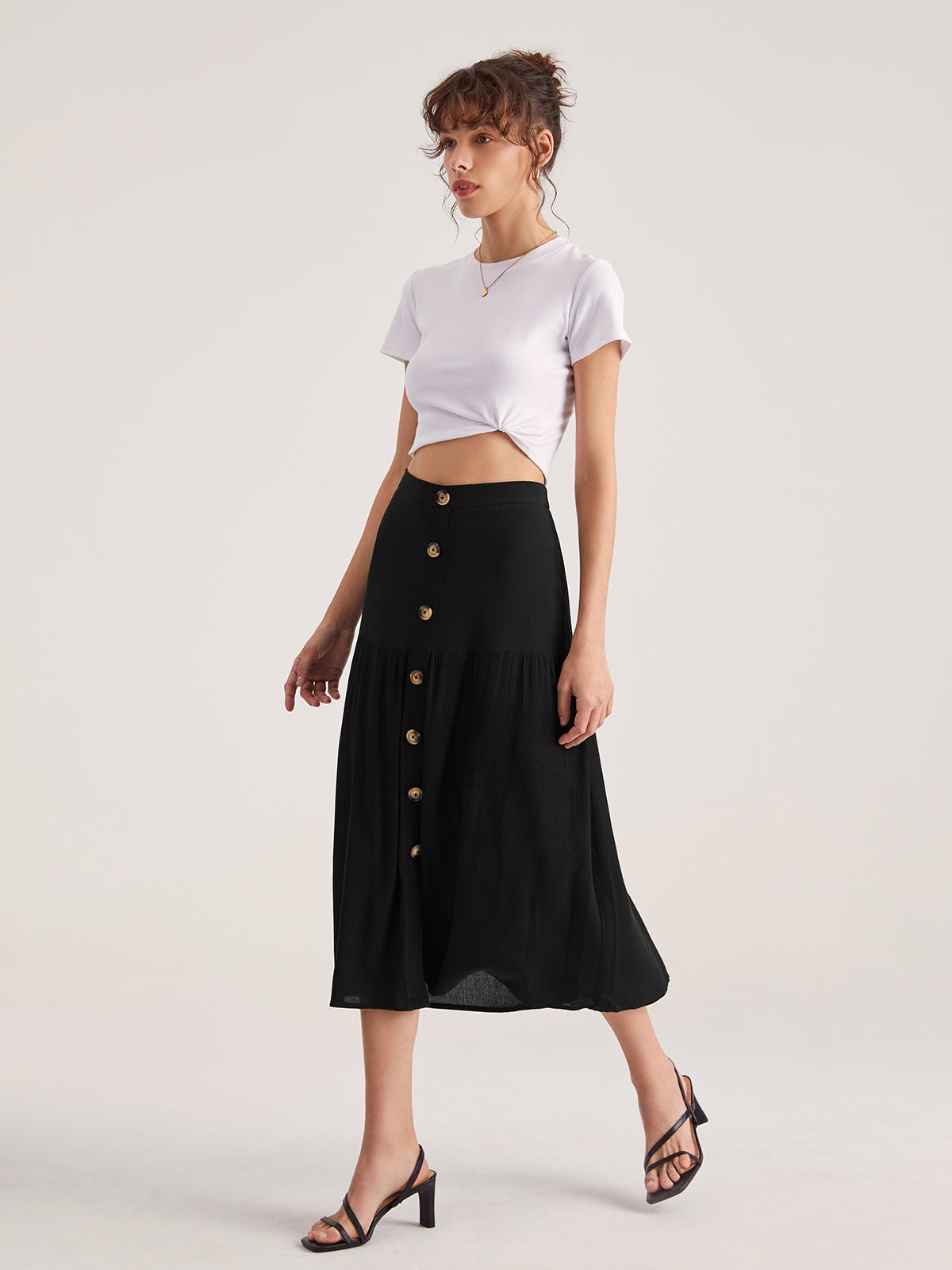 Thecomense - High Waisted Button Front Midi Skirt
