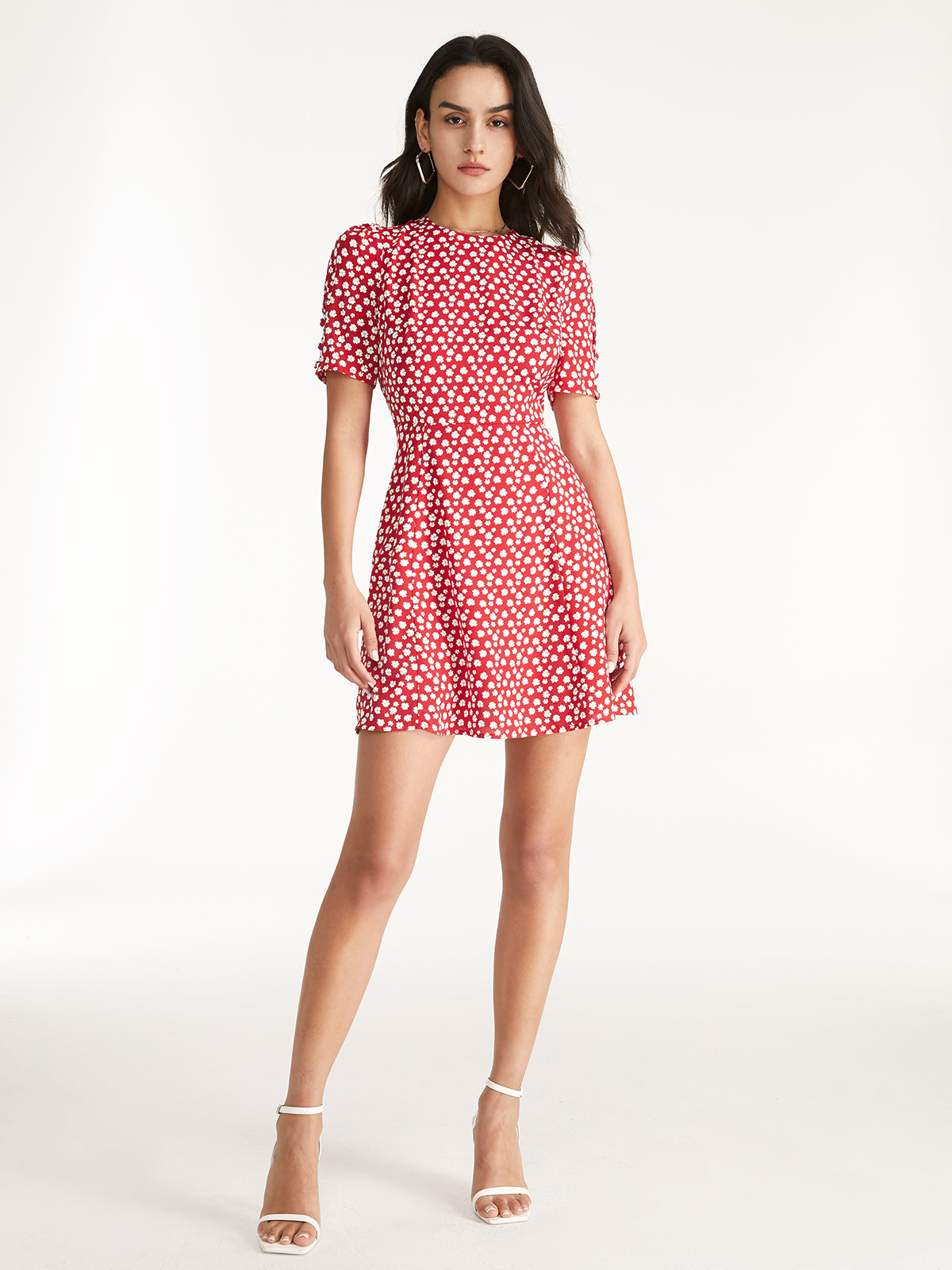 Thecomense - Straight Neck Short Puff Sleeve A Line Mini Dress