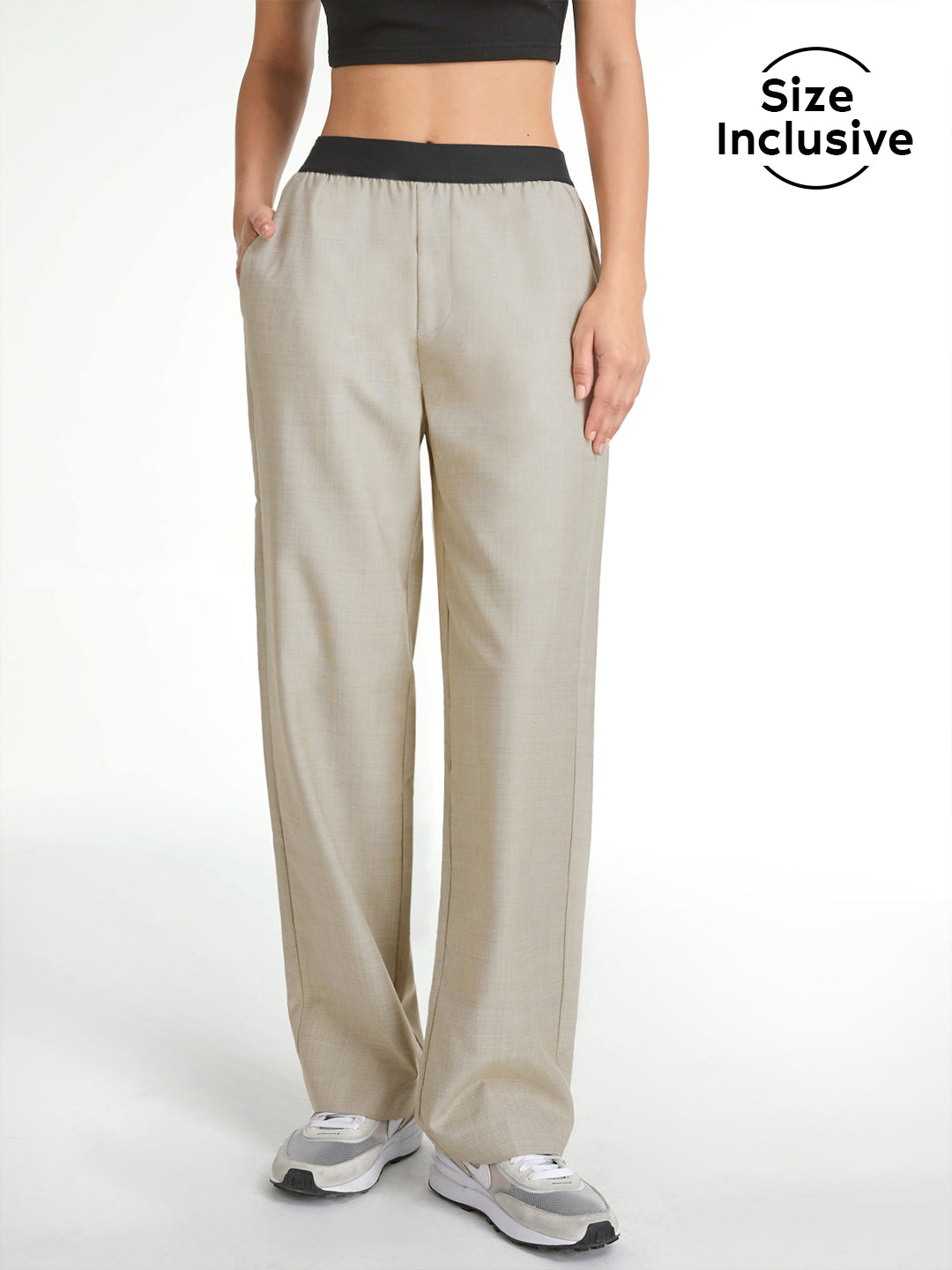 Thecomense - High Waisted Relaxed Fit Straight Leg Trousers With Athletic Waistband