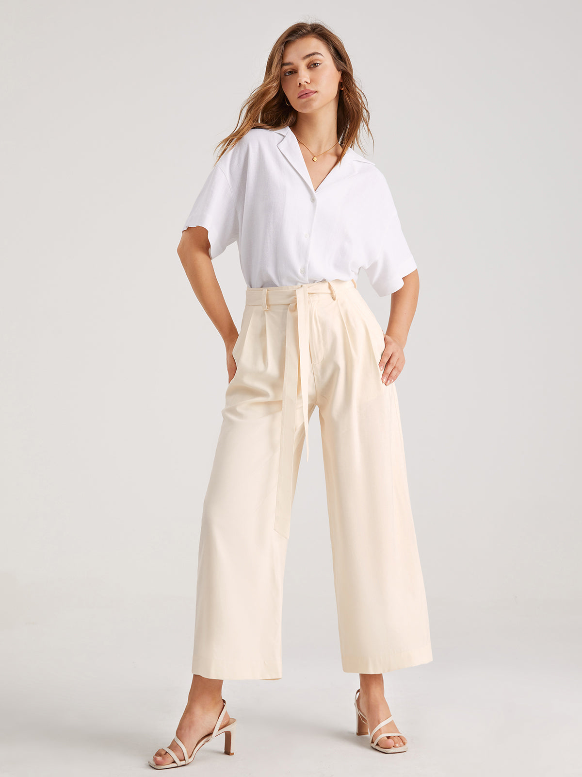 Thecomense - Belted Wide Leg Pleat Front Trousers