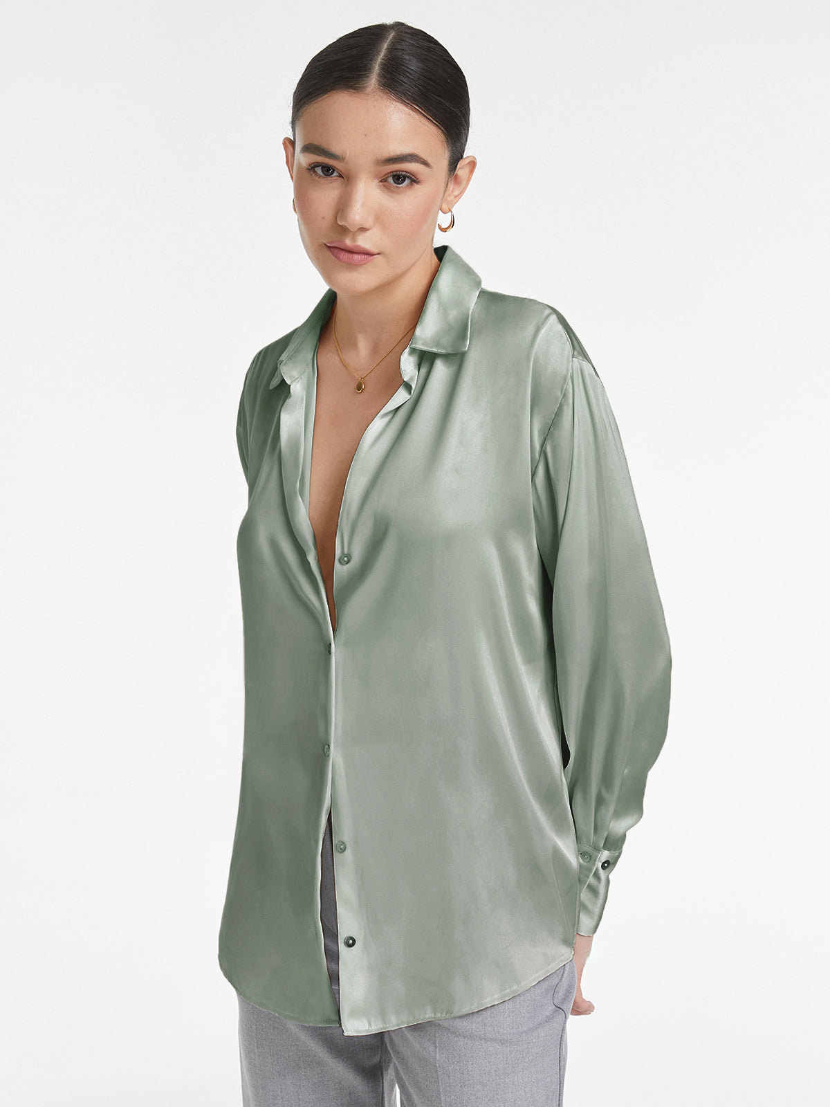 Thecomense - Relaxed Flowy Satin Button Up Shirt