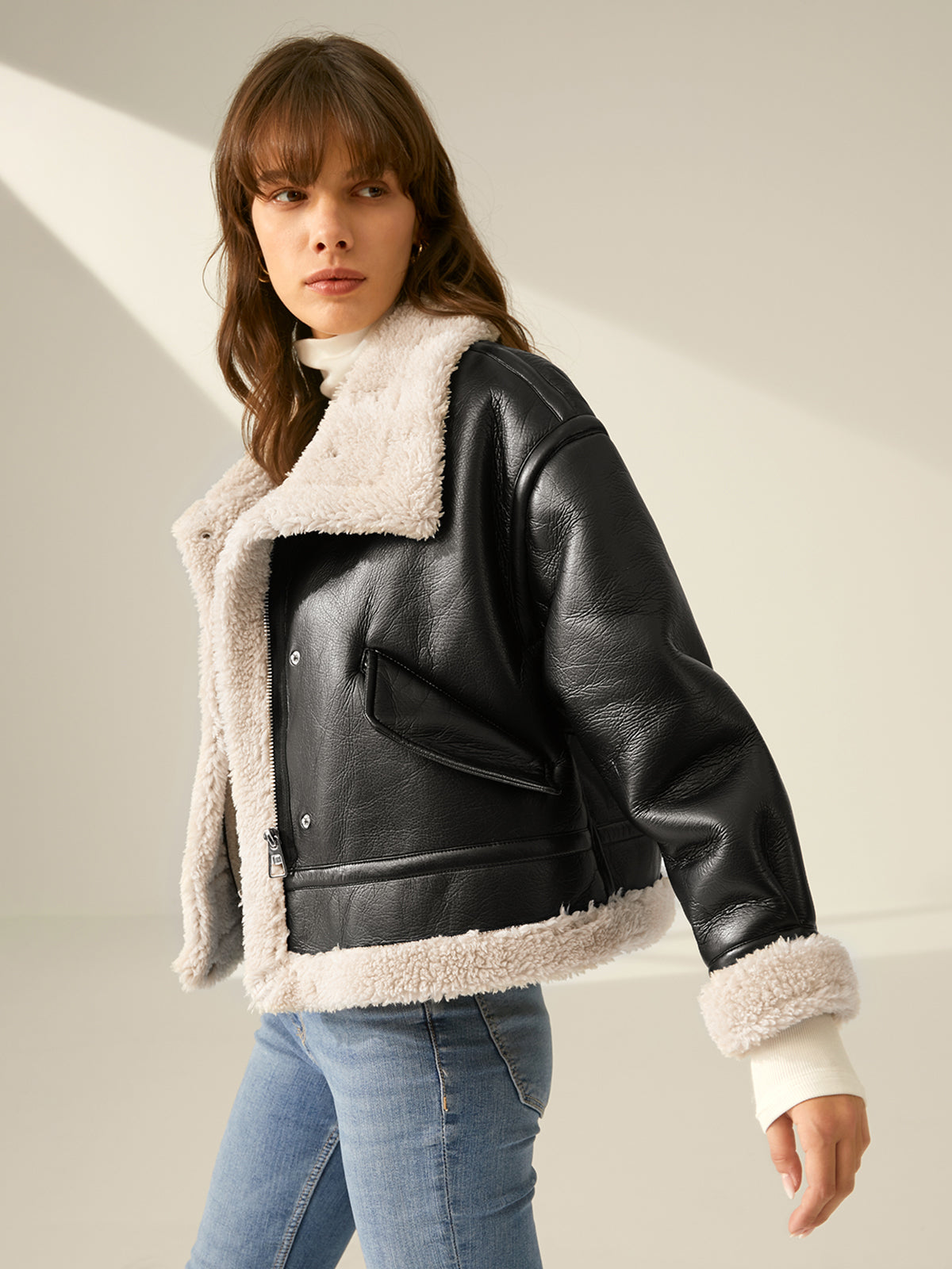 Thecomense - Sherpa Lined Shearling Leather Flight Jacket