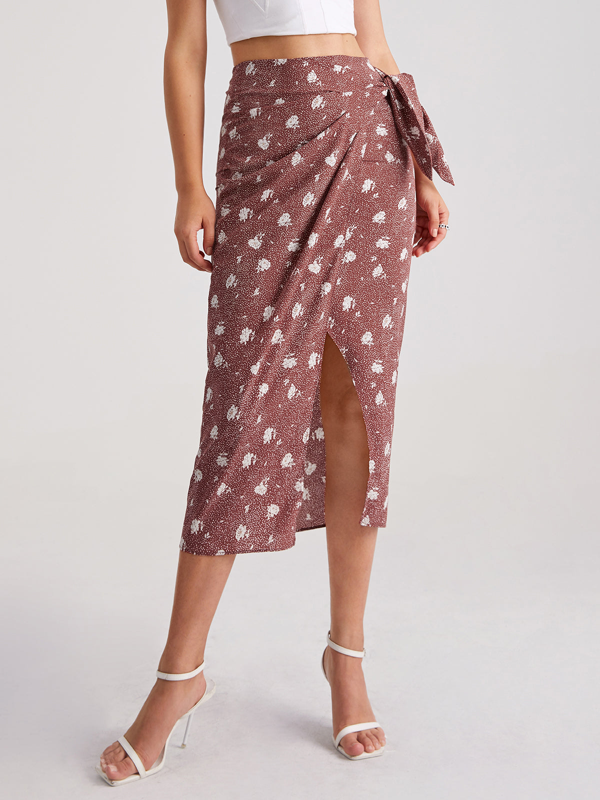 Thecomense - High Waisted Floral Belted Slit Wrap Skirt