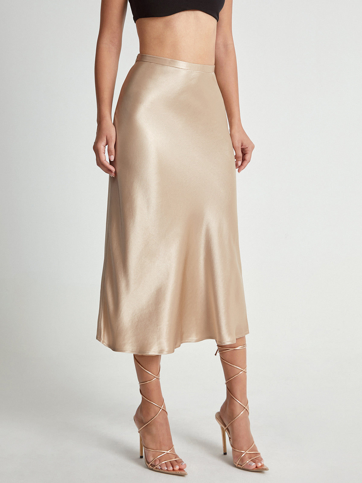 Thecomense - High Waisted Satin Flowy Midi Skirt