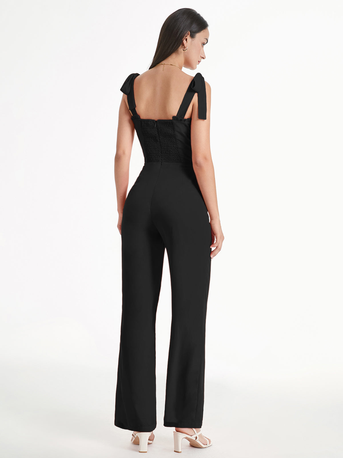 Thecomense - Sweetheart Ruffle Wide Tie Strap Flare Leg Jumpsuit