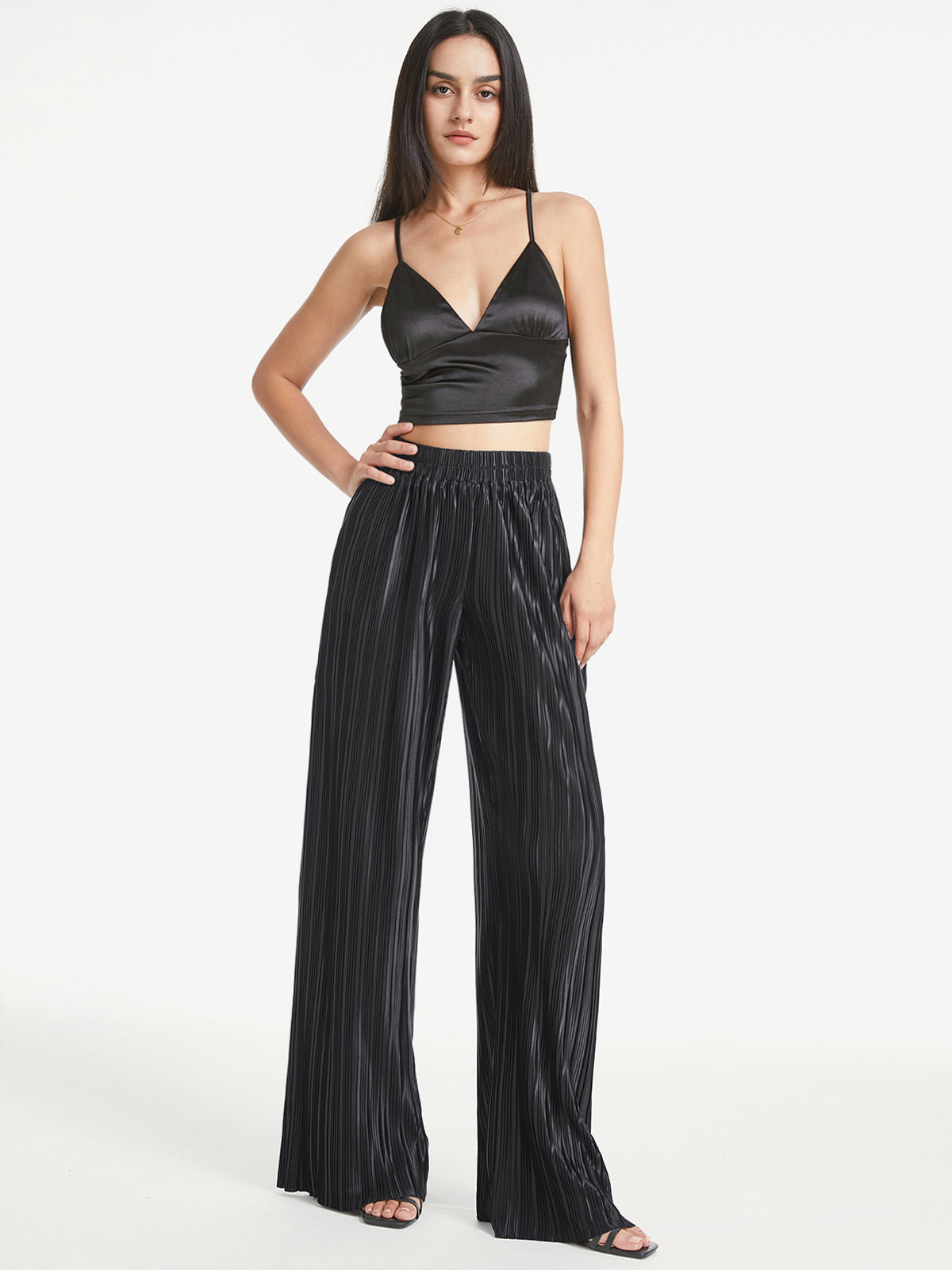 Thecomense - High Waisted Shimmer Pleated Palazzo Pants