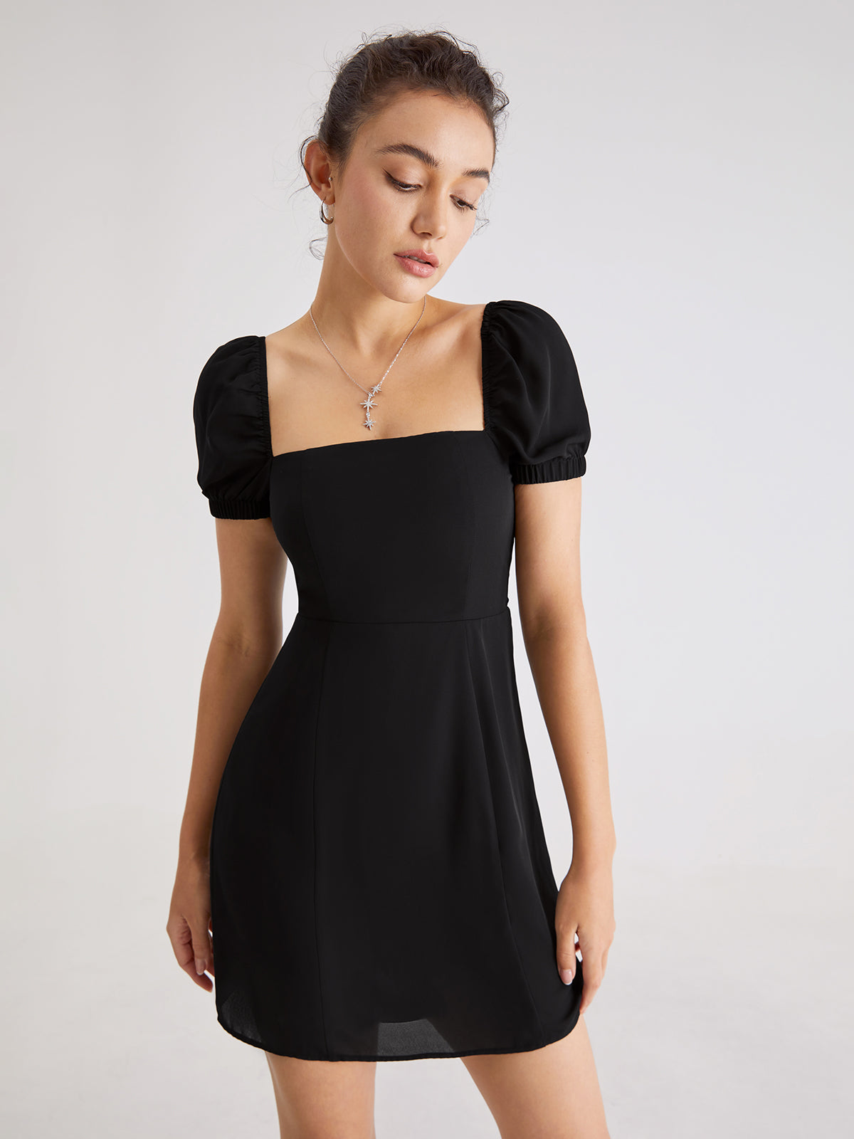 Thecomense - Short Puff Sleeve Dress With Mesh Overlay