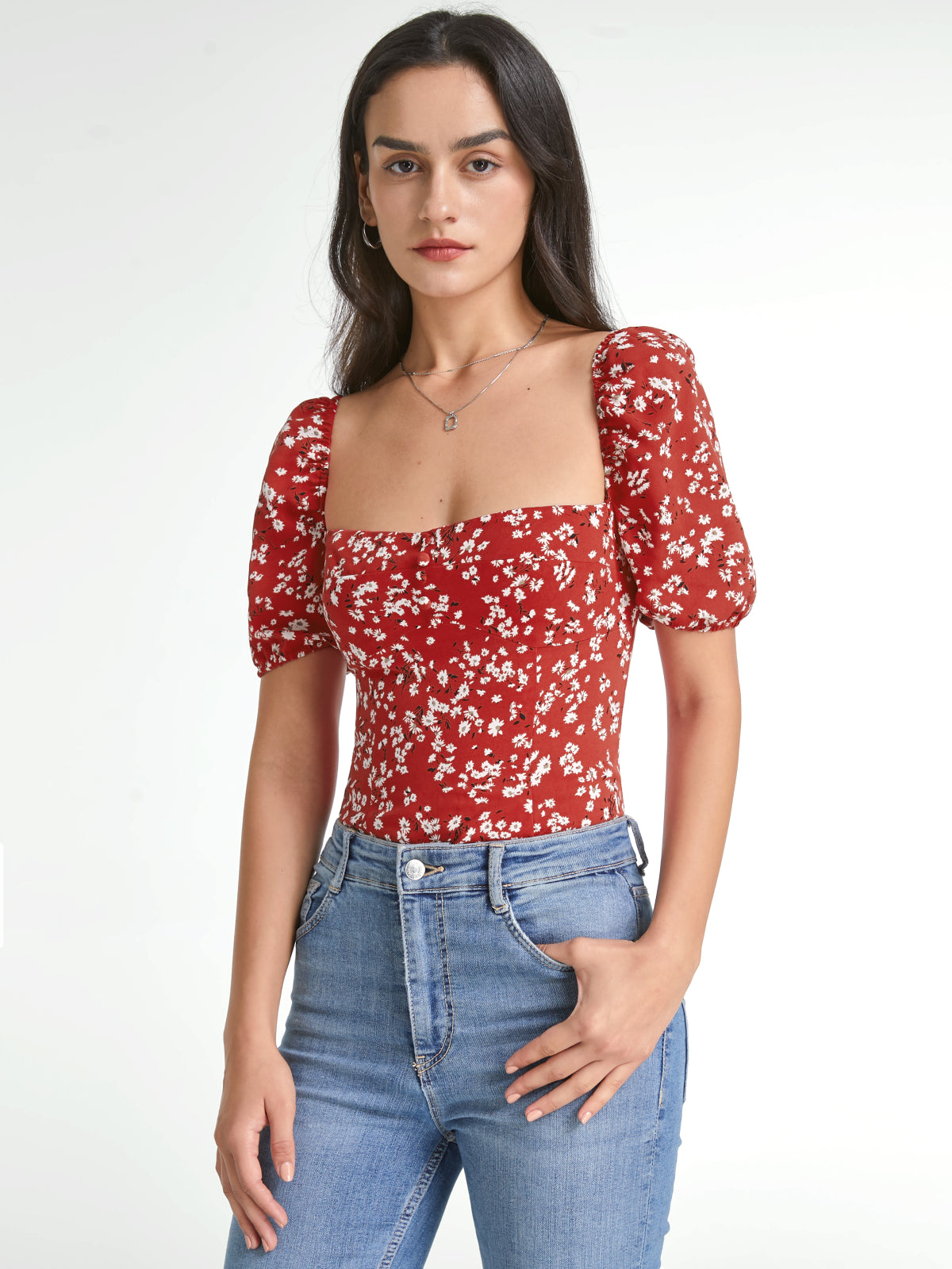 Thecomense - Square Neck Floral Love Short Sleeve Top